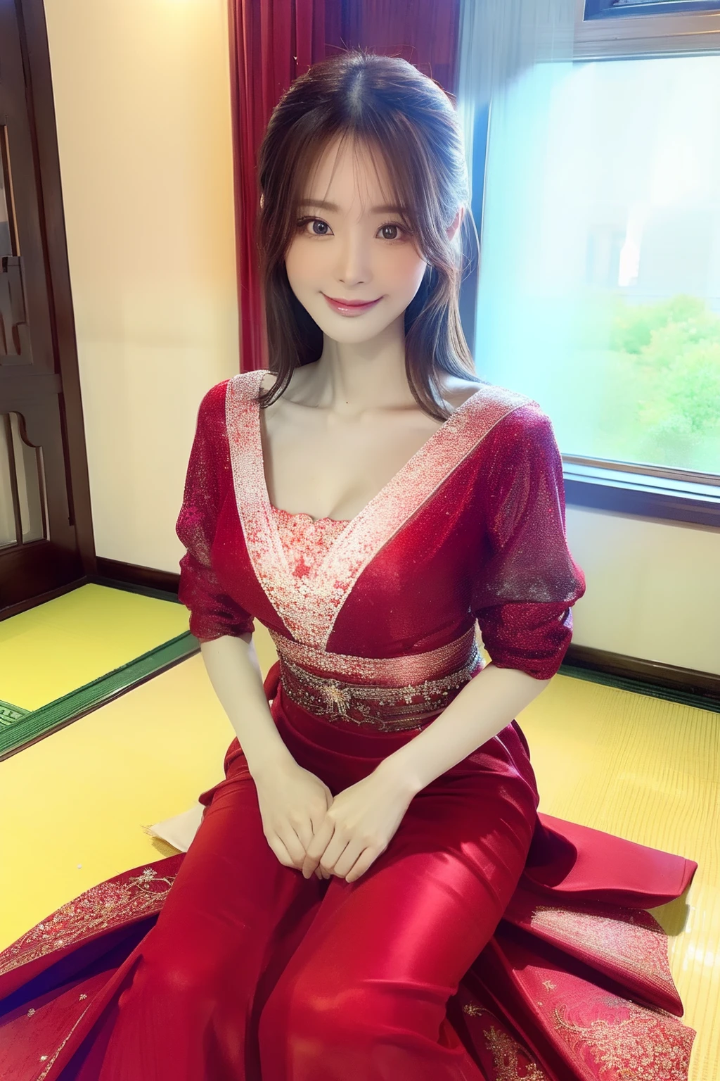 High society woman in formal attire、long skirt、Shining red、Gorgeous dresses、On the windowsill in the hallway、young sensual woman, Gorgeous young Japan woman, beautiful young Japan woman, A smile, Innocence, Young Asian woman, Young Asian girl, Beautiful young Asian woman, (Photorealsitic), Look at the viewer, Face viewer, (intricately details:1.2),(tmasterpiece, :1.3) ,(top-quality:1.4), (超A high resolution:1.2), 超A high resolution, (A detailed eye), (Detailed facial features), NFFSW, 8K resolution, (Lens flare: 0.7), turning around,