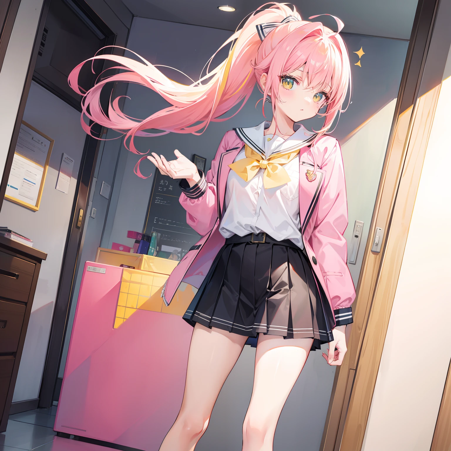 Pink yellow hair，High ponytail，Jacket school uniform，Slim waist, flat chest，Sweet and cute girl
