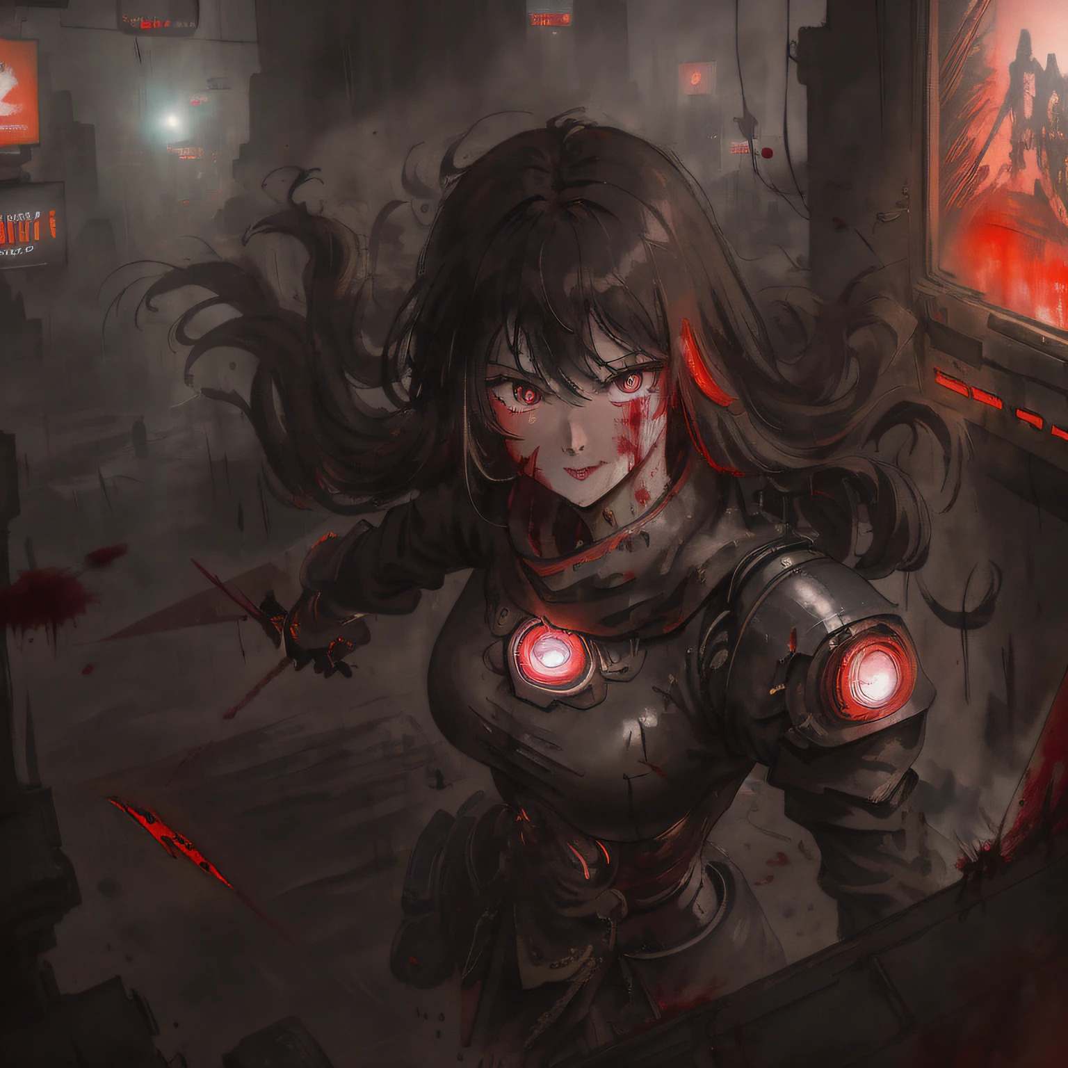 ((masterpiece)), best quality, highres, original, extremely detailed 8K wallpaper, world masterpiece theater, (an extremely delicate and beautiful cyborg girl), 1 cyborg girl, solo, assertive female, ((messy long hair)), dark red hair, ((beautiful detailed eyes)), dark dress, red scarf, torn clothes, arrogant smile, despair, (heroic fight:1.5), dynamic blur,detailed background, (cyberpunk:1.5), (((transformed body))),cloak, focus on face, depth of field, beautiful detailed shadow, dust, splashing blood, ((blood rain)), dynamic angle,light shafts, good lighting, tyndall effect, (Aestheticism Painting)