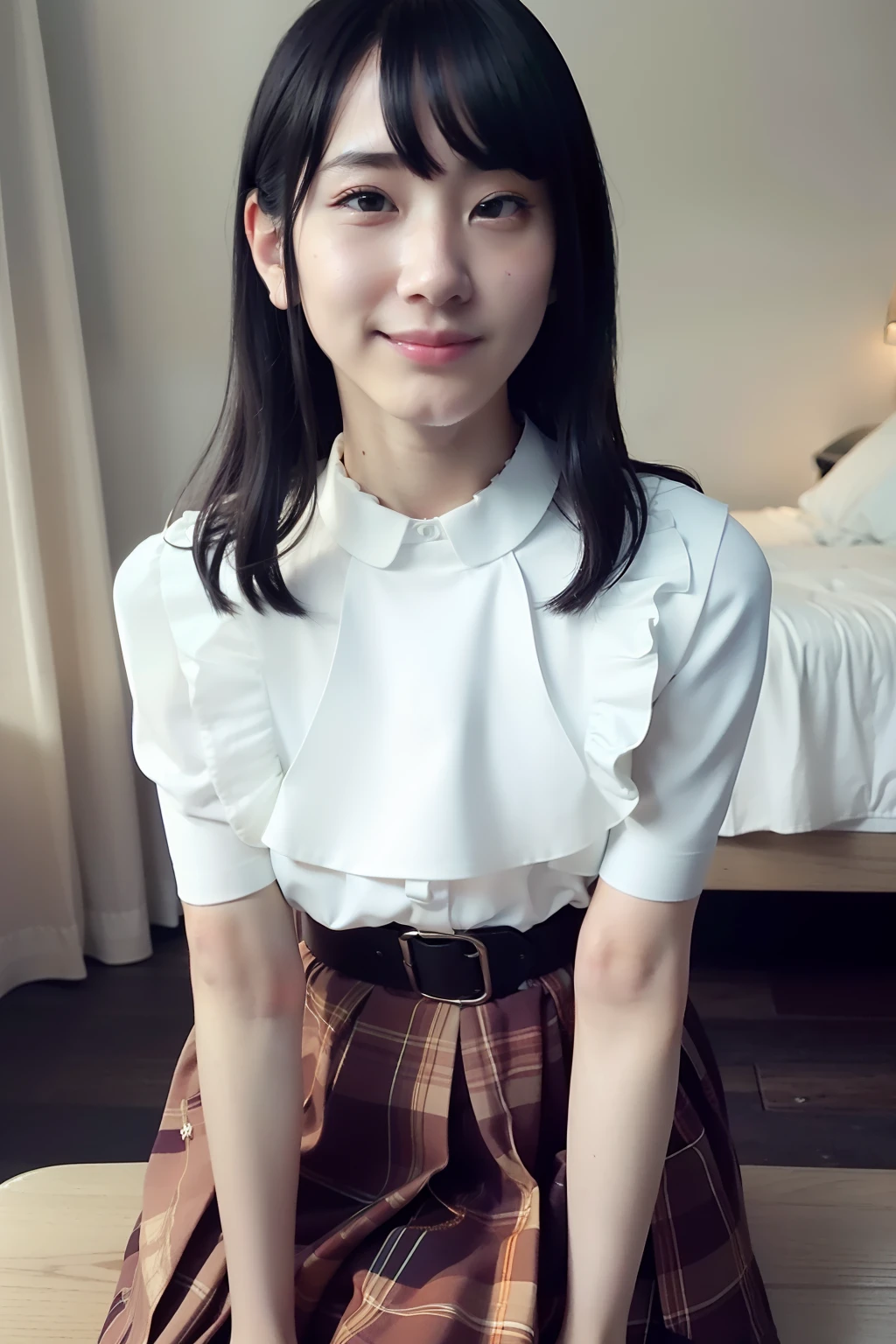 女の子1人、high-school uniform、White shirt、plaid skirts、pleatedskirt、a short skirt、Black leather shoes、Tied black hair、(Raw photography:1.2)、((Photorealsitic:1.4)、(masuter piece:1.3)、(top-quality:1.4)、超A high resolution、(detailed facial features)、(detailed clothes features)、nffsw、8K分辨率、solofocus、bangss、skintight、(Glossy skin)、(Slender girl)、(Super detailed illustration)、landscapes、No text、white  hair、long、bunches、mideum breasts、doress、Ribbon collar、A smile、High School Classroom、an legs、Black socks、heels、kne、Futomo、