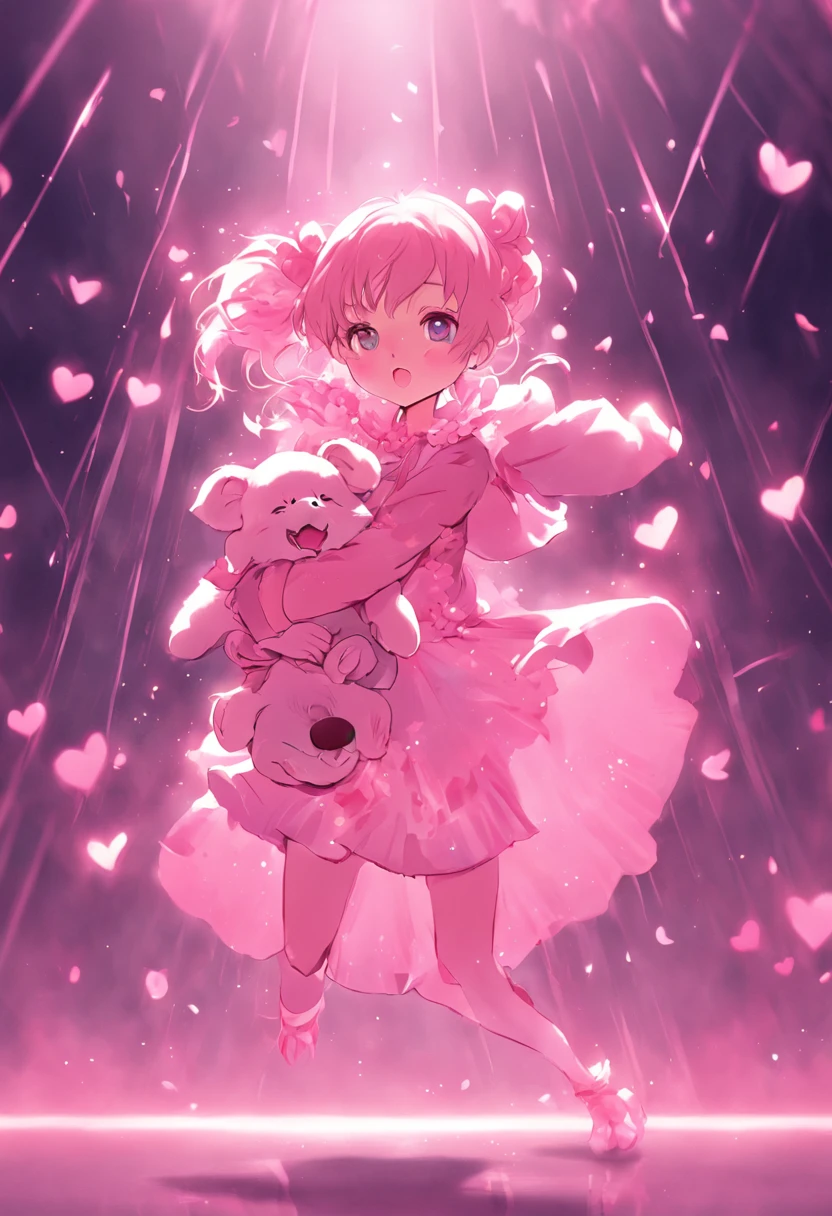 In pink，Lolita style clothing，teens girl，Holding the bear cub，Clumsy jumping，Cute and cute，KIDS ILLUSTRATION，Glow effects，Dingdall effect，depth of fields，high light，Real light，Ray traching，oc rendered，Hyper-realistic，best qualtiy，8K，Works of masters，super-fine，Detailed pubic hair，Correct anatomy，sharp focus on eyes，Bokeh，Facial features are carefully depicted