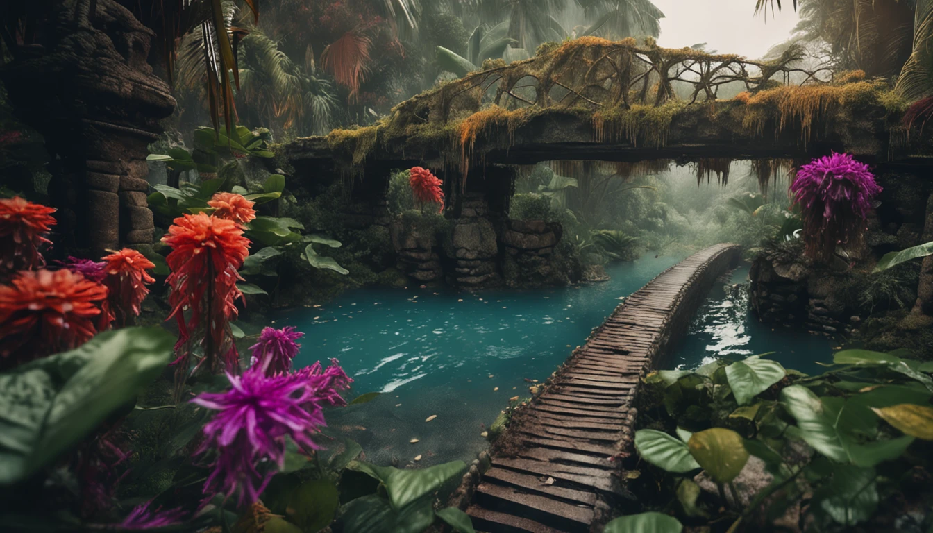 noise offset, photography, landscapes, photorealistic, analog style, view partially submerged in muddy water, dreamshaper, fantasy, view into a jungle garden with tropical flowers all over, veins hanging from twisted trees, it is heavily raining, big waterdrops splsh as they hit the muddy groudn, stones and an old medieval bridge in the distance
