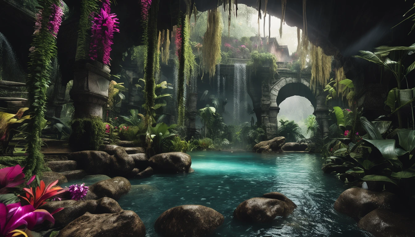 noise offset, photography, landscapes, photorealistic, analog style, view partially submerged in muddy water, dreamshaper, fantasy, view into a jungle garden with tropical flowers all over, veins hanging from twisted trees, it is heavily raining, big waterdrops splsh as they hit the muddy groudn, stones and an old medieval bridge in the distance