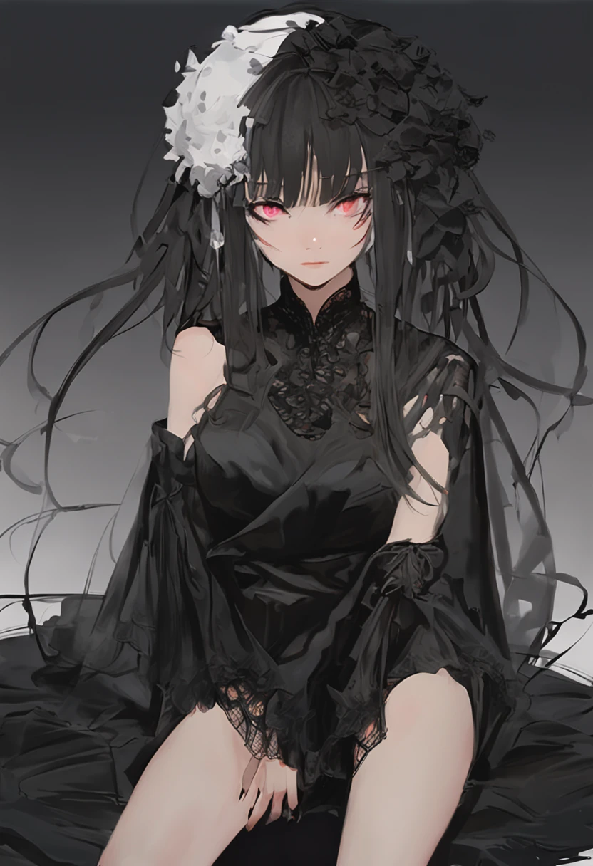 Woman with black hair and black gauze blindfolded, Mysterious girl, Mysterious woman, Guviz-style artwork,, Guviz, Anime style. 8K, Dark style, Anime girl in black dress, by Yang J, Shoujo anime girls,, Beautiful character painting, dark art style