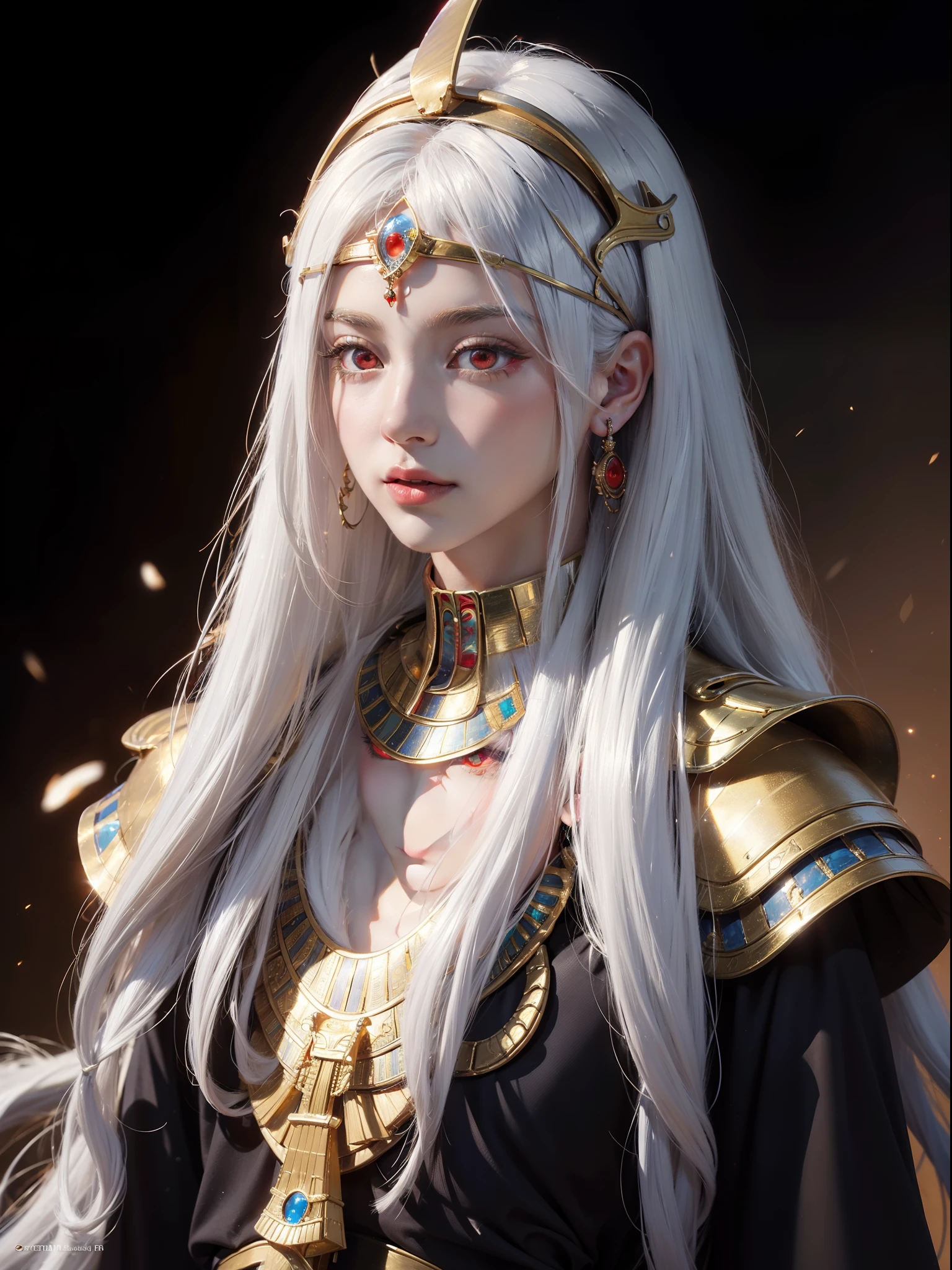 Realistic, (Masterpiece, Top quality, Best quality, offcial art,), Very detailed, Most detailed, (1boy:1.3), Gods, White hair, (Glowing red eyes), mysterious, (magic), one-girl, ((egyptian style)), head gear, Gold ornaments, Bandages, pharoah, universe background