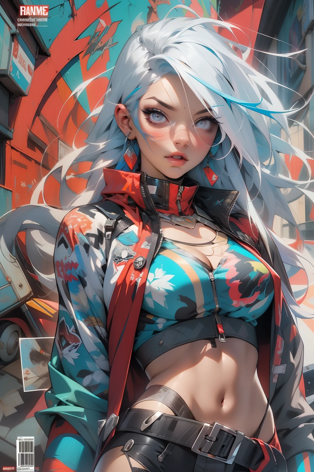 background, mixed-language_text, Japanese letters in graffit, girls, long hair, excellent lighting, high contrast sidelighting, perfect ultimate (flat color: 1.3), (magazine_cover: 1.4), (multicolored_background: 1.3), striped_background, card_background, :: comix style by joe madureira :: circular pieces of white metals glued to the ultra detailed arms coming out sparkling shine, , perfect and detailed, ultra detailed shirt with abstract design and with letter print Japanese in graffit of the sides of clothing, image of woman with blue hair and a red cape, cyberpunk art inspired by rossdraws,, on top of a futuristic motorcycle, with immersive effects, hover effect, background graffiti style tribal tattoo with flowers and vibrant colors, "ultra HDR" detailed and with focus effect, extremely detailed artgerm, krenz cushart and artgerm, (masterpiece: 1.2, best quality), (beautiful eyes with huge eyelashes finely detailed: 1.2), , ((Solo)), (Finely detailed eyes and detailed face: 1.3),  in various full-body attack poses, (cute background: 1.2),futuristic costume, super detailed circular metals Clinging to the arms and pants, fantastic paintings