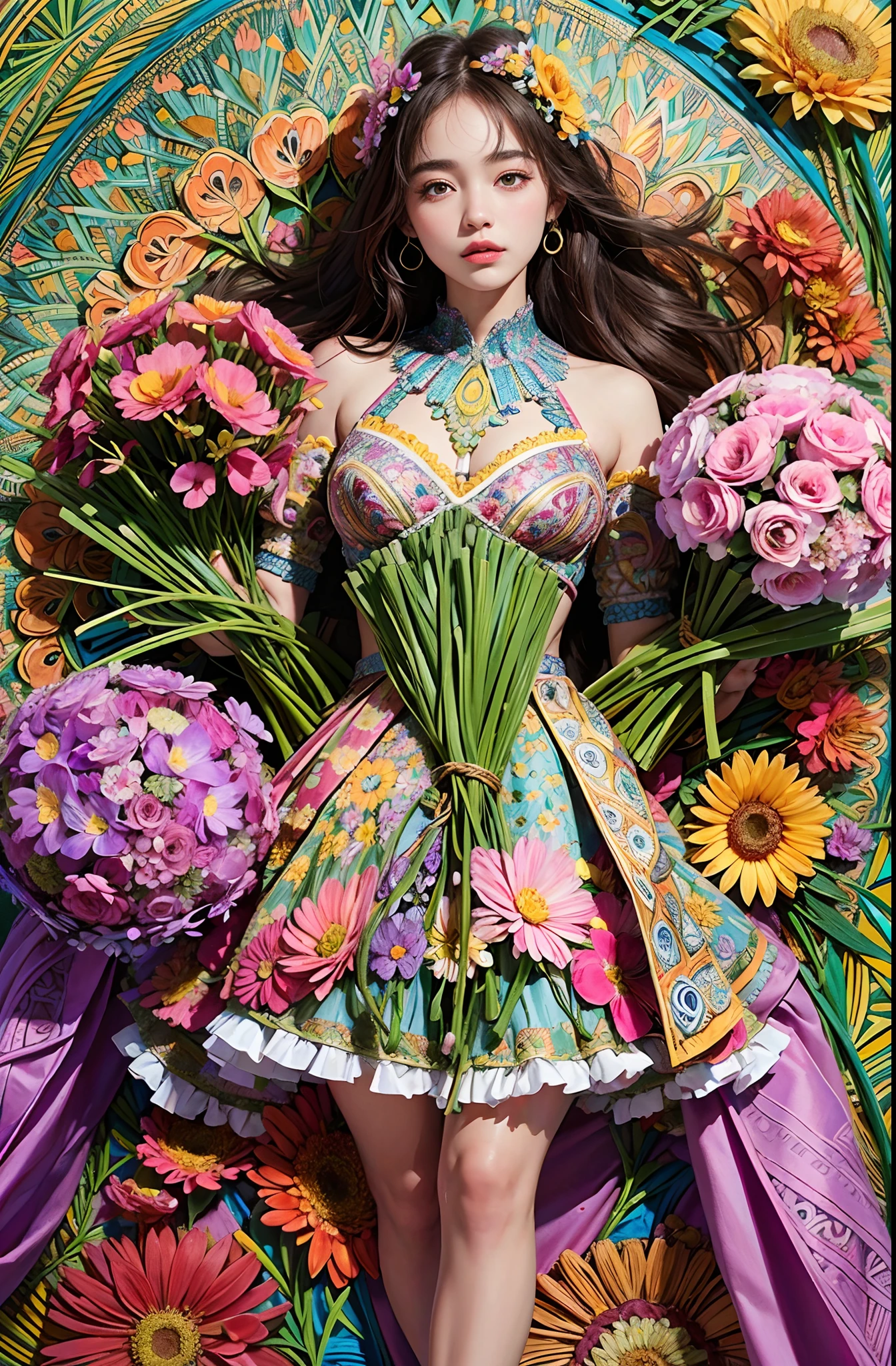 (ultra-detailed background, detailed background), absurdres, highres, ultra detailed, extremly detailed, 1girl, (bunch of flowers:1.3), (zentangle:1.2), (geometric:1.2),(colorful),