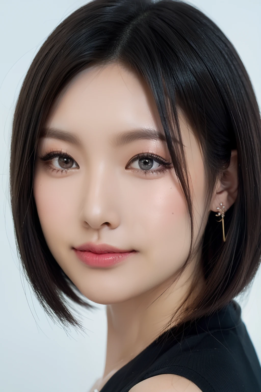 ((1 girl)), Black hair, longeyelashes, Solid Circle Eyes, lightsmile, Cute earrings, lightsmile, Shy, puckered lips, surrealism, drop shadow, stereograms, depth of fields, One-person viewpoint, 8K, Super Detail, Best Quality, hight resolution, short cut hair