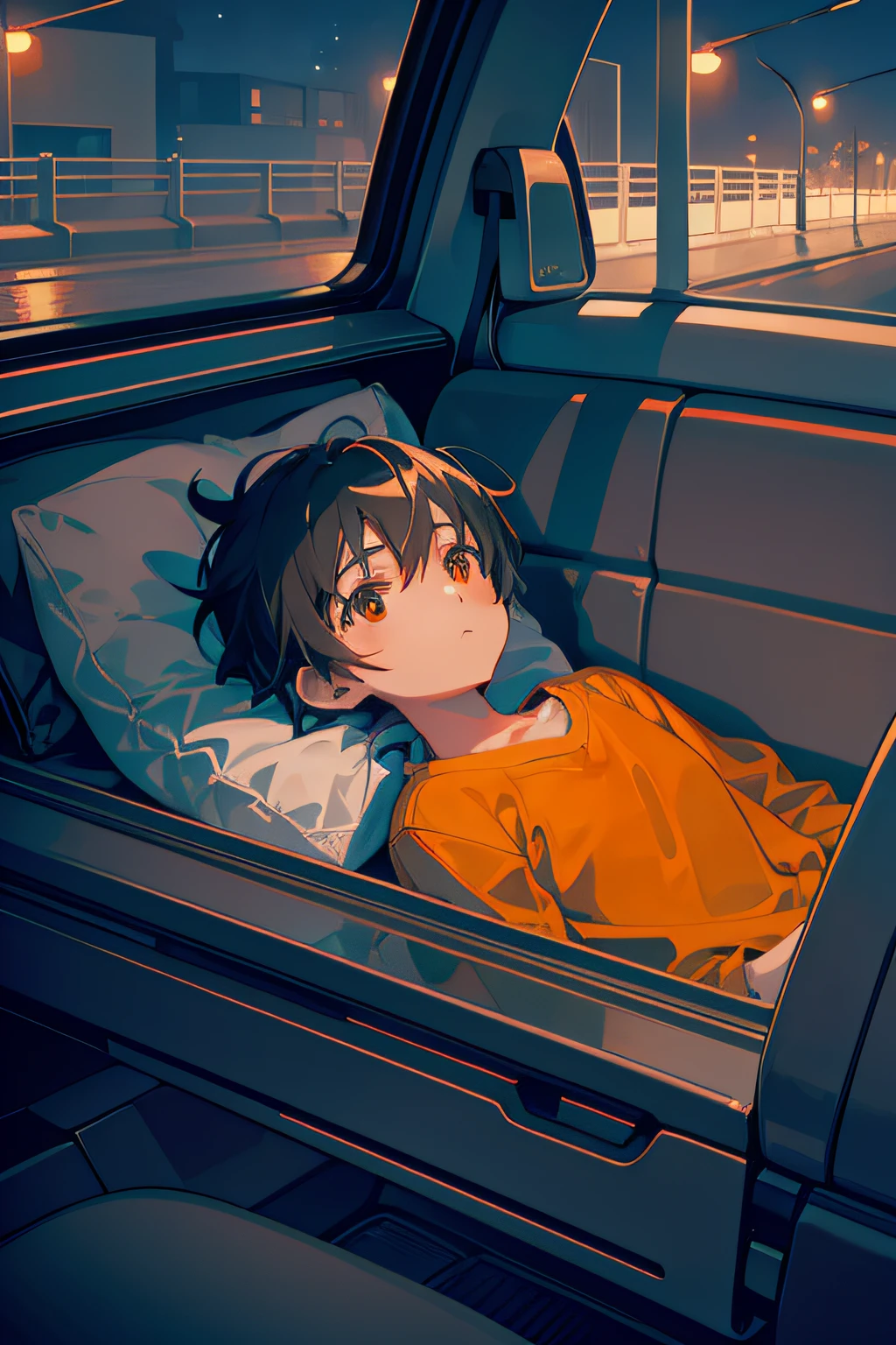 In the style of Makoto Shinkai, super fine illustration, best quality,　From the rear seat window of a car, the glow of orange streetlights can be seen. Inside, a child lying down gazes at the orange streetlights. The warm and nostalgic ambiance of the orange lights against the backdrop of the night captivates the child's attention.