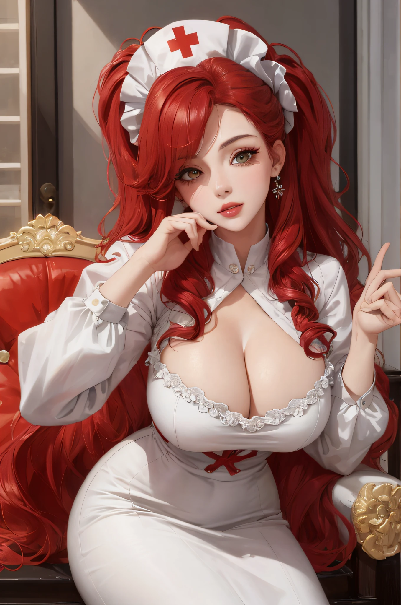 tmasterpiece:1.2,best qualtiy),realisticlying,(Real pictures,Complicated details,depth of fields),(1girll,独奏),putting makeup on,lips parted,highly details,s the perfect face,(gigantic cleavage breasts:1.4),(skin indentation ), thick thight, Wide hips, Big breasts Thin waist, Tall, Coral lip, redheadwear, red - eyed, horse tailed, (Girl who takes care of people, White and red nurse uniform colors),Dress revealingly, (perspired:1.2), (dampness), Raised sexy, Be red in the face,