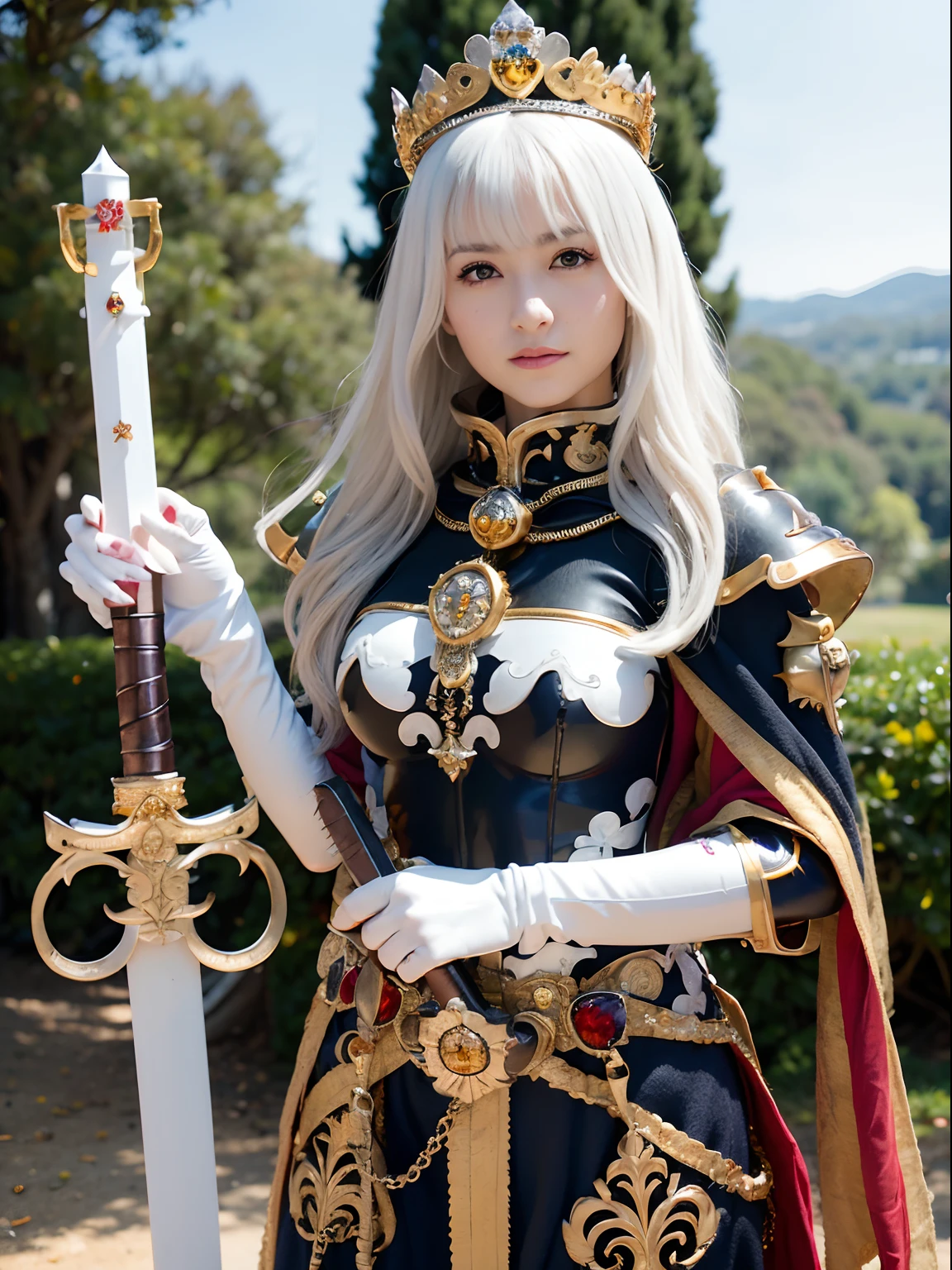 (masutepiece), Professional , masterpiece、top-quality、photos realistic , depth of fields (Gemstone Silver Metal Body:1.9),(Matte White、Jewel Gold Weapon(Jewel Metal Body:1.4),Gorgeous metal weapons , Detailed Sword of the Brave , Beautiful knife ,warhammer 40k , adepta sororitas,Detail and ornate jewel crown、Black hair、Gangle's forest background、Beautiful Caucasian beauty、1a person、dynamic ungle,(((Detailed and ornate diamond crown)))、Smaller head、A smile、Background inside the castle、Thin and beautiful female hands、cleavage of the breast、Soldier in iron armor on background、Soldier in iron armor on background、Mystical expression、