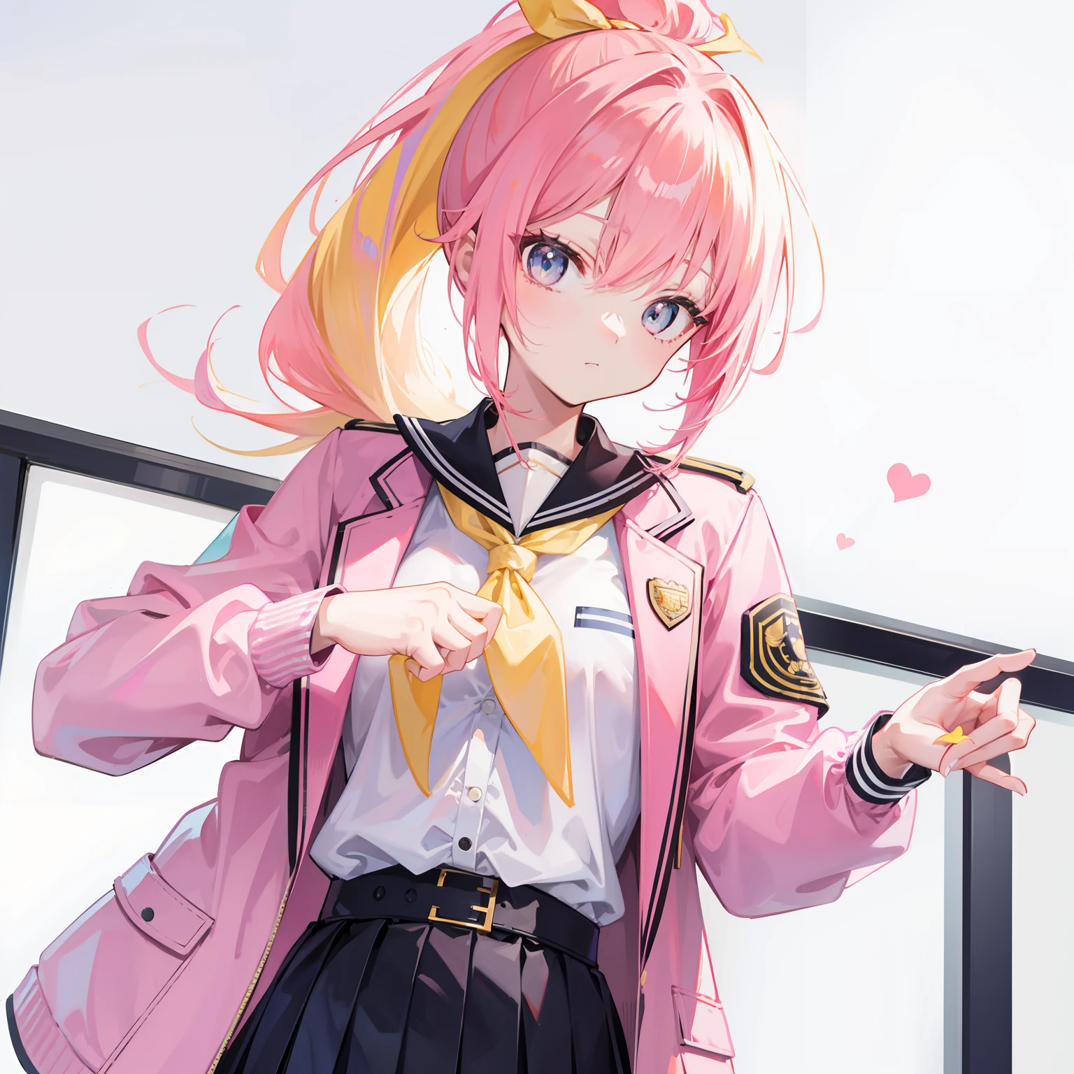 Pink yellow hair，High ponytail，Jacket school uniform，Slim waist, Flat chest，Sweet and cute girl