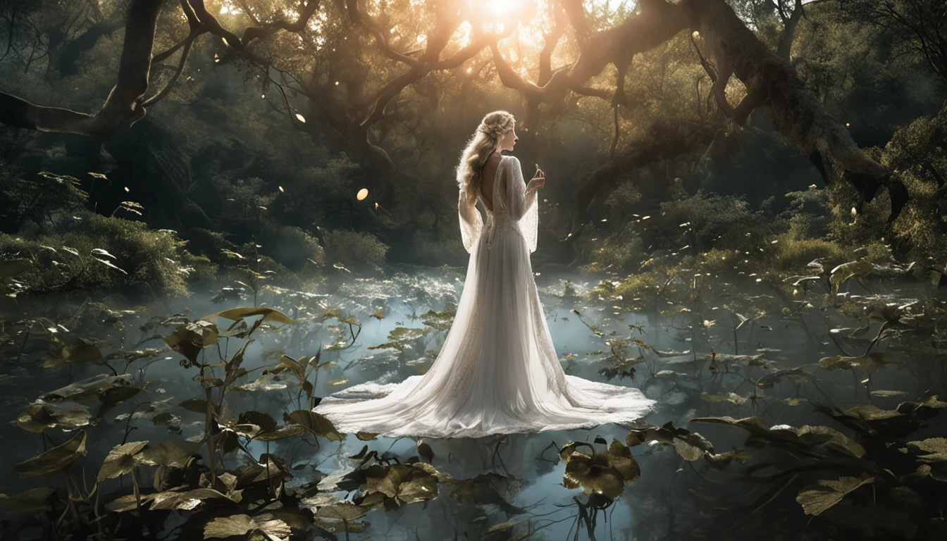 high detail, illustration, poster, movie poster, galadriel from lord of the rings in a white shiny semitransparent lace dress, half submerged in a pond, all kinds of insects surrounding her, she sings with her eyes closed, the forest of middle earth is around her, she lingers on the side, her presence emits an aura of a glowing halo, it is night and the sky is barely seen because of the tree tops hiding it, however a few lightbeams get through the leaves, it is the light of the moon, but it is a blood moon, so everything glows in red and orange and fireflies contribute to the lighting spectacle