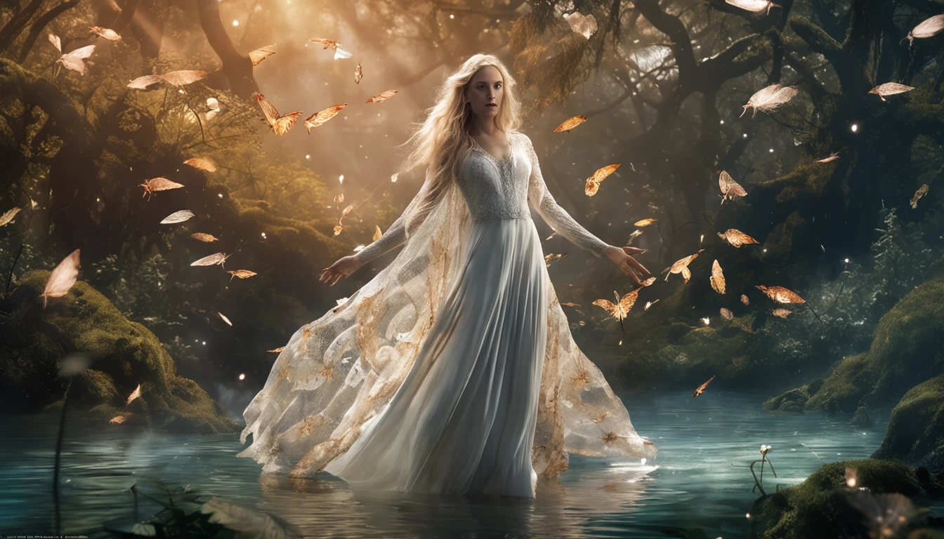 high detail, illustration, poster, movie poster, galadriel from lord of the rings in a white shiny semitransparent lace dress, half submerged in a pond, all kinds of insects surrounding her, she sings with her eyes closed, the forest of middle earth is around her, she lingers on the side, her presence emits an aura of a glowing halo, it is night and the sky is barely seen because of the tree tops hiding it, however a few lightbeams get through the leaves, it is the light of the moon, but it is a blood moon, so everything glows in red and orange and fireflies contribute to the lighting spectacle