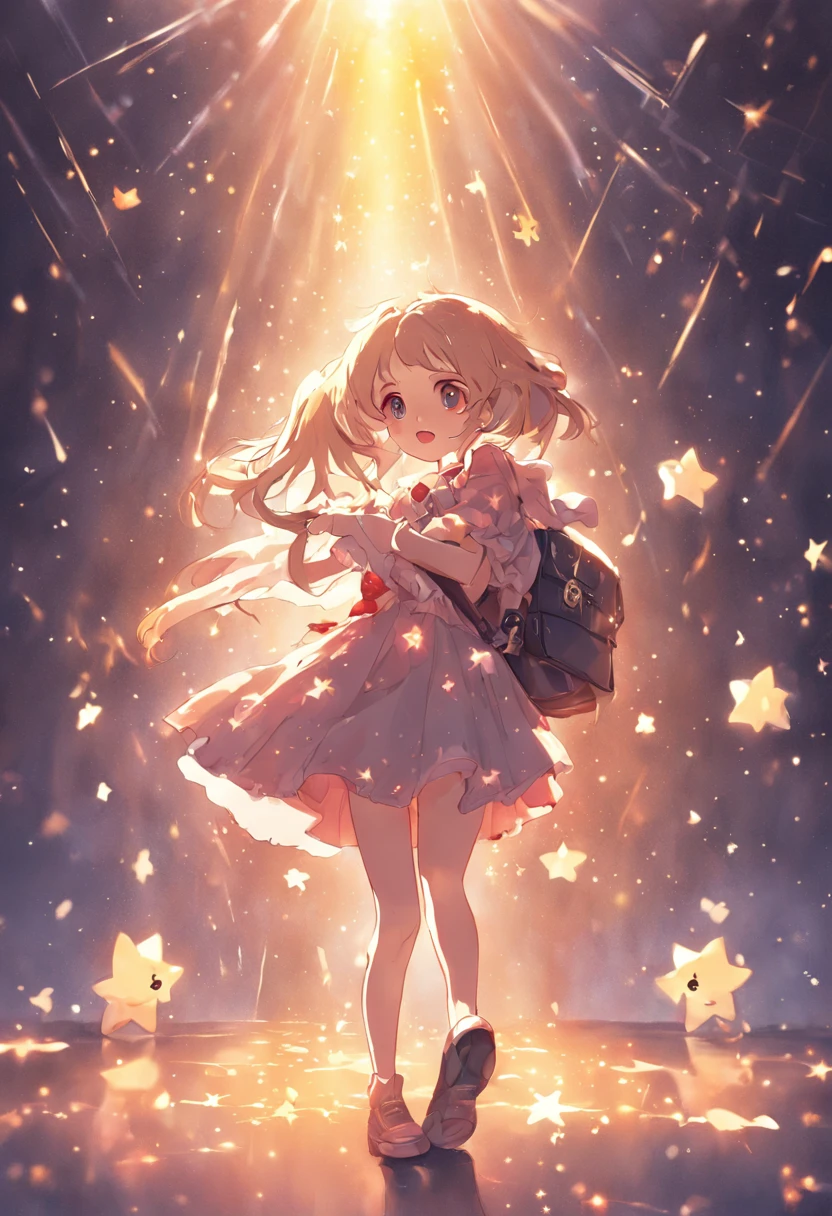 Stars shine,Colorful,Lolita style clothing,Cartoon small backpack,teens girl,Holding the bear cub,Clumsy jumps,Cute and cute,KIDS ILLUSTRATION,Glow effects,Dingdall effect,depth of fields,high light,Real light,Ray traching,oc rendered,Hyper-realistic,best qualtiy,8K,Works of masters,super-fine,Detailed pubic hair,Correct anatomy,sharp focus on eyes,Bokeh,Facial features are carefully depicted