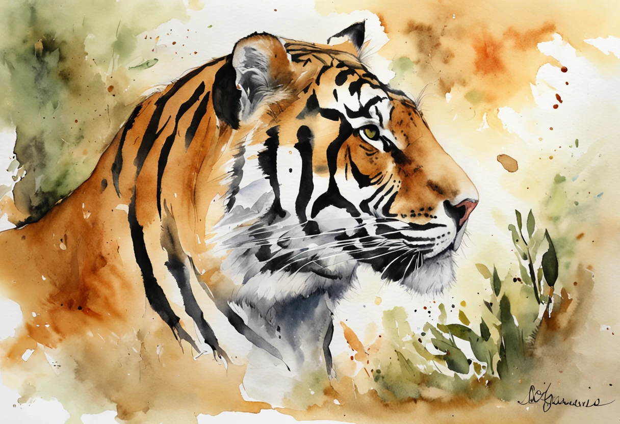 master part, retrato ultra detalhado da aquarela de um tigre, parte superior do corpo, Pinceladas, arte profissional impressionante, paleta de cores neutras