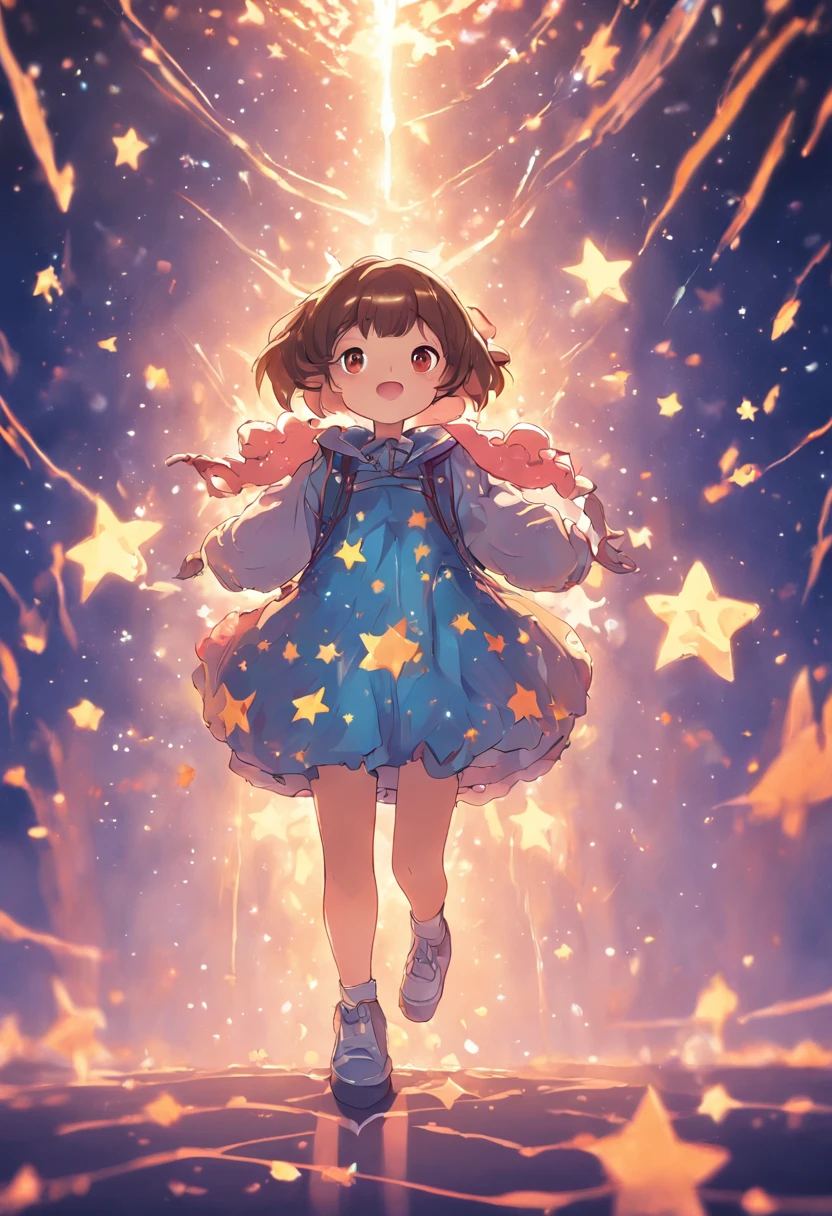 Stars shine，Colorful，Lolita style clothing，Cartoon small backpack，teens girl，Holding the bear cub，Clumsy jumps，Cute and cute，KIDS ILLUSTRATION，Glow effects，Dingdall effect，depth of fields，high light，Real light，Ray traching，oc rendered，Hyper-realistic，best qualtiy，8K，Works of masters，super-fine，Detailed pubic hair，Correct anatomy，sharp focus on eyes，Bokeh，Facial features are carefully depicted