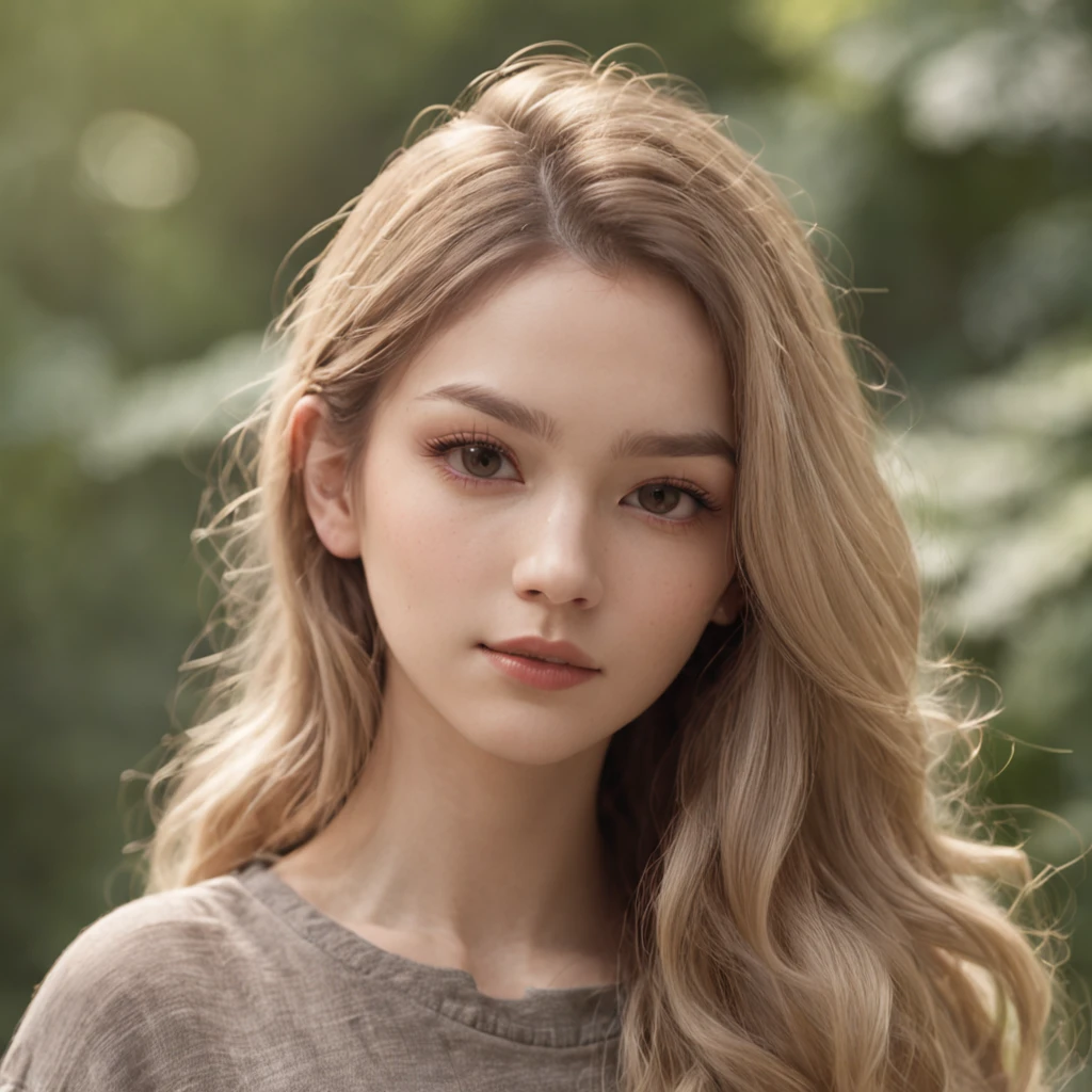 20-year-old girl with long wavy blonde hair, Big dark brown eyes, And the perfect oval face, It is rendered in a realistic style with sharp edges and a vivid atmosphere., Standing in a dense forest with a baggy shirt and bright sunshine.