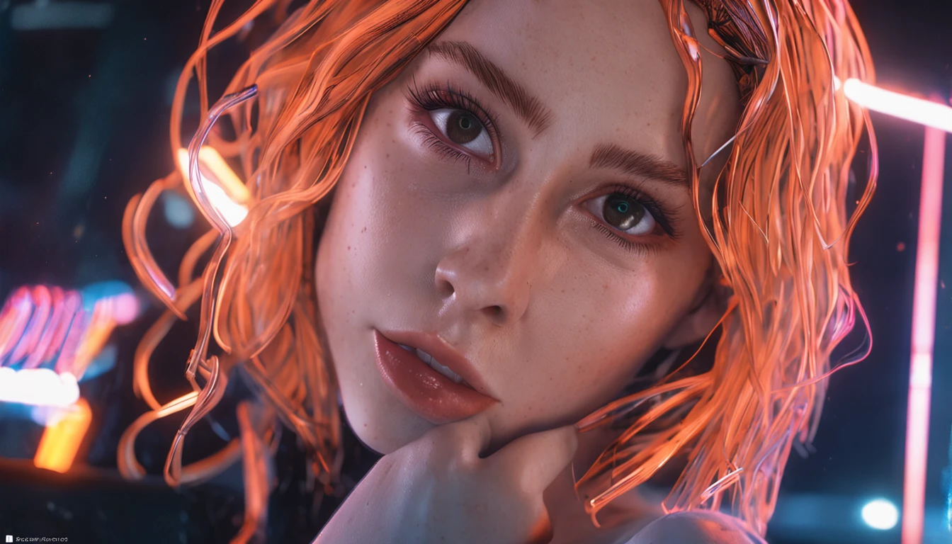 realistic,delicate, postapocalyptical setting, neon lightbeams, orange neon lights, city lights, wallpaper with neon lighting, masterpiece,depth of field ,(detailed eyes detailed pupils:1.3) caucasian, pale girl, european girl,1girl,(makeup:0.8),beautiful detailed, colourful, finely detailed, intricate details, instagram, (ginger hair + messy long hair 1.3), blunt bangs, (50mm Sigma f/1.4 ZEISS lens, F1.4, 1/800s, ISO 100, photograpy:1.1), (white pajamas:1.3),closed mouth, night,(,cowboy_shot, (from side:1.2),(detail fingers:1.3),1girl, full body shot, sitting, face close to viewer, legs far away from viewer, blushed cheeks, winking eye, clear eyes, big eyes