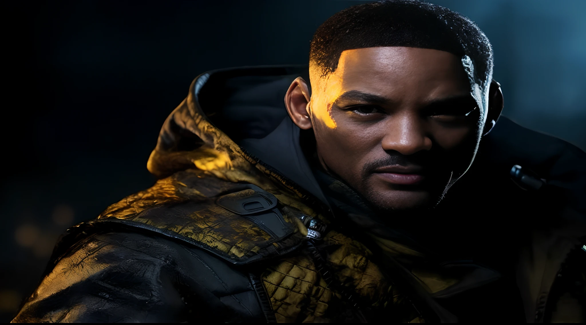 a man in a black jacket and a hoodie looks at the camera, will smith, will smith portrait, will smith as neo in the matrix, altered carbon series, smug look, fanart, live action movie, 8 k movie still, live action film, official art, altered carbon, 🕹️ 😎 🔫 🤖 🚬, official, 2022 movie