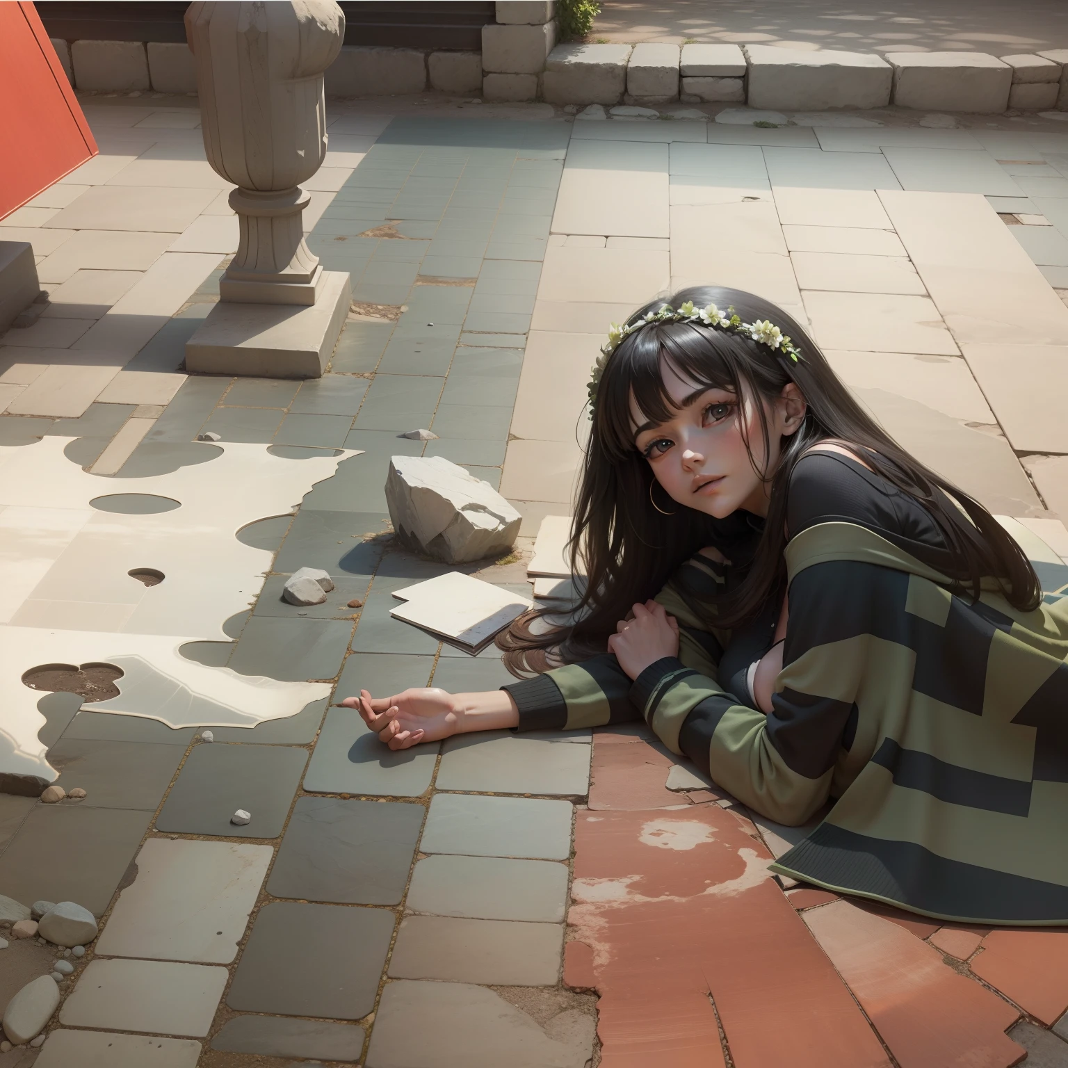 Loose stone floor,There is free space in the center of the image,The sky is clear,has cleavage