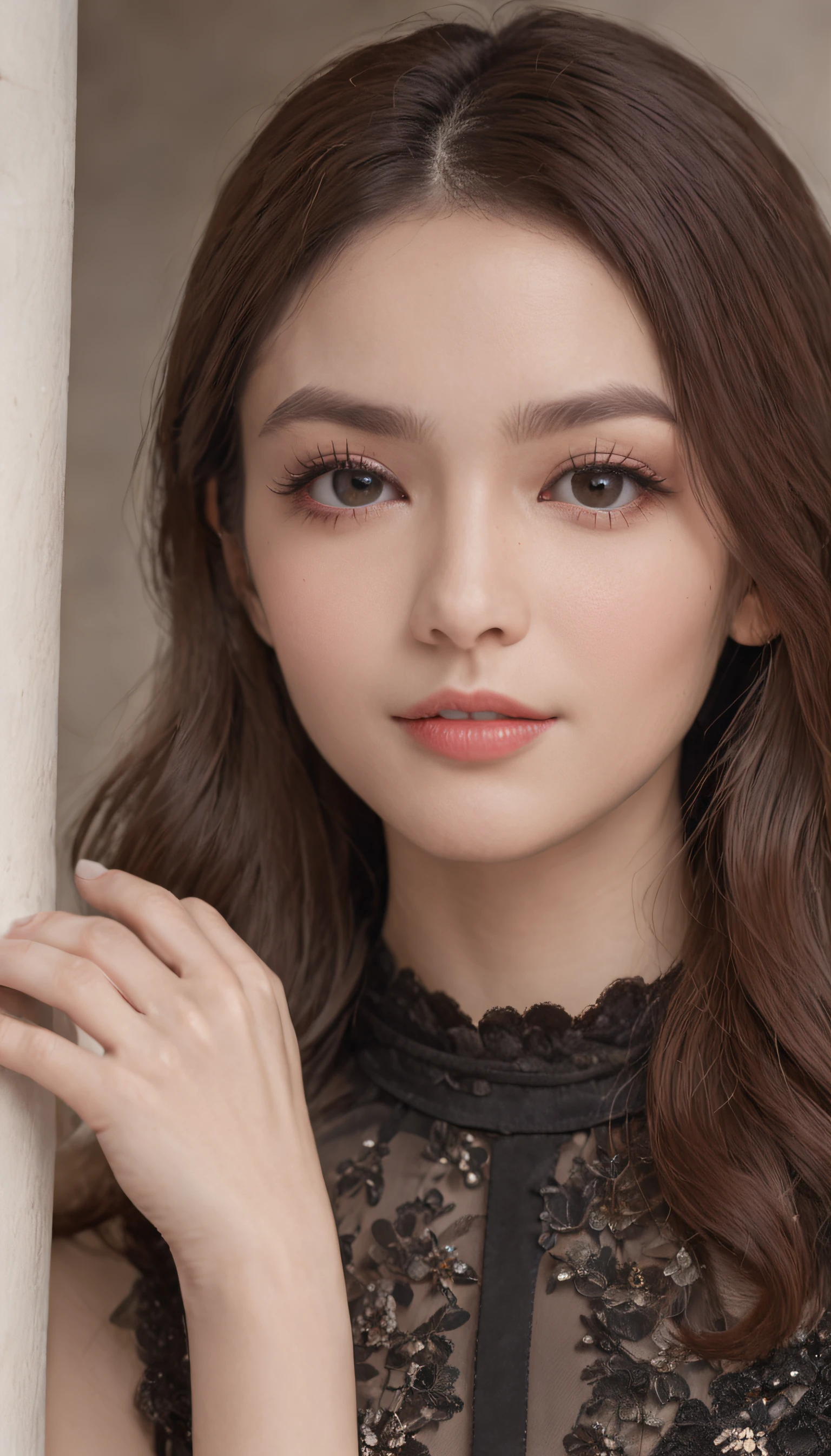 best qualtiy,tmasterpiece,超A high resolution,(真实感:1.4),RAW photogr,cold light,1girll,(Close-up of full-body photo,In the gazebo,standing on your feet,erect through), Nice face,(slim,Dignified,Shy Expressions,Head bowed slightly),ssmile,cabelos preto e longos,hair adornments,(Slender Leg,cross leg), (Light yellow suspenders,a black pleated skirt),(delicate legs,cross leg), Beautiful teenage girl,beautiful goddess,Detailed scene, painting-like, Beautiful teenage girl,beautiful goddess,Detailed scene, beautiful digital illustrations, detaileds,ultra-detailliert, cinematic quality, (Beauty and aesthetics,big breasts beautiful),Correct hand,anatomy correct, ((From below))