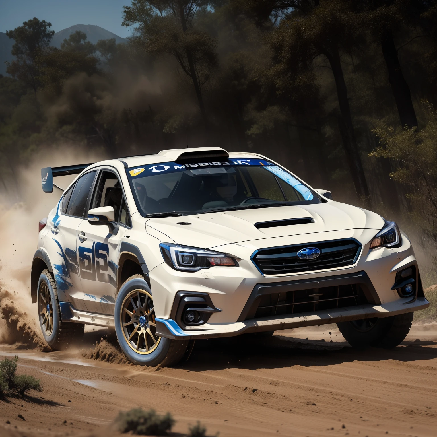 Subaru Rally configuration, Intense action, adrenalinefilled, Mud splashes, High-speed stimulation, Rally cars fly in the dirt, Powerful engine roar, Precise operation, Dynamic angles, dust cloud, Sharp, A race against time."