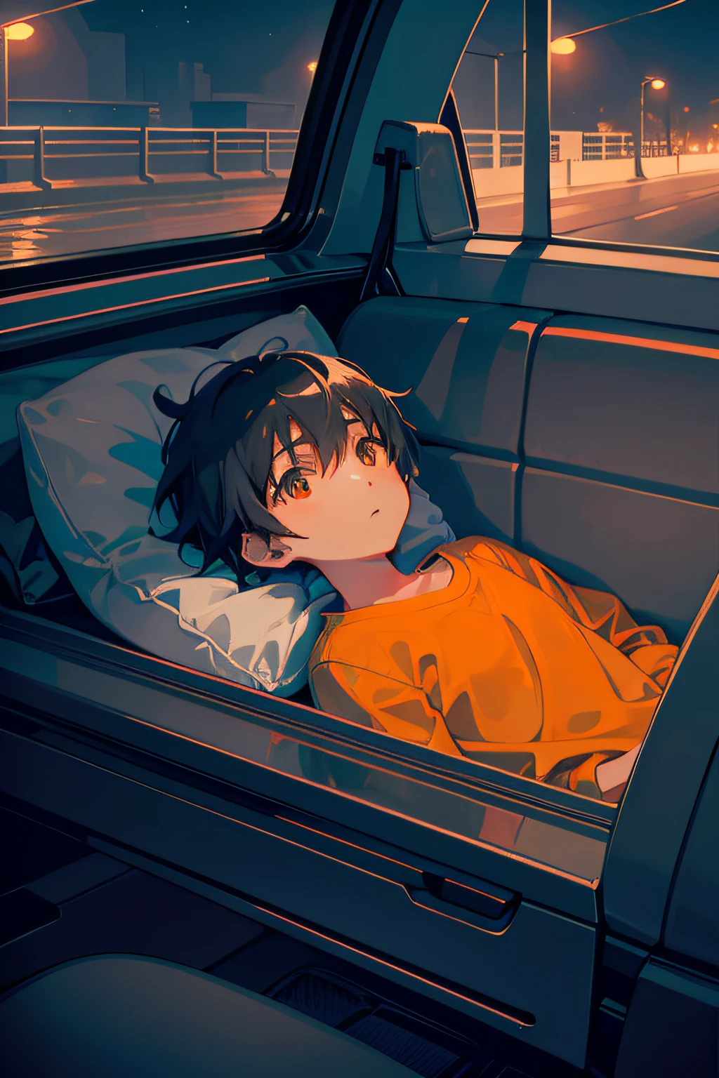 In the style of Makoto Shinkai, super fine illustration, best quality, From the rear seat window of a car, the glow of orange streetlights can be seen. Inside, a child lying down gazes at the orange streetlights. The warm and nostalgic ambiance of the orange lights against the backdrop of the night captivates the child's attention.