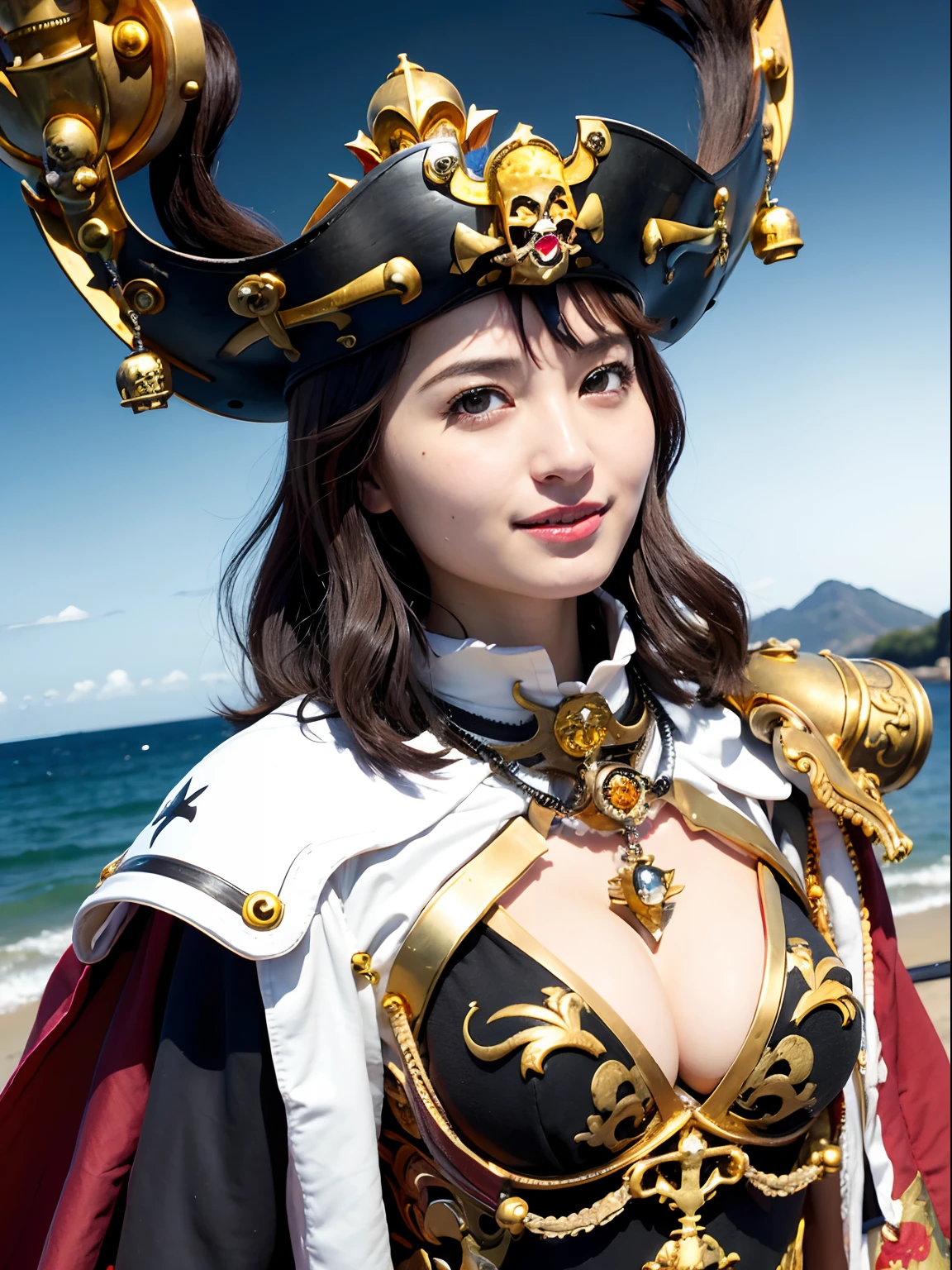 (masutepiece), Professional , ​masterpiece、top-quality、photos realistic , depth of fields （Gemstone Silver Metal Body:1.９),(Matte White、（Wear a detailed pirate hat）、Jewel Gold Weapon（Jewel Metal Body:1.４),（Gorgeous metal weapons） , Detailed Sword of the Brave , 20 year old girl   ,Pirate Ship、warhammer 40k , The port town、adepta sororitas,Detail and ornate jewel crown、Black hair、Gangle's forest background、Young Caucasian beauty、１a person、dynamic ungle,(((Detailed and ornate diamond crown)))、Smaller head、A smile、Take a sexy pose、Thin and beautiful female hands、cleavage of the breast、Soldier in iron armor on background、A port city with a view of the sea、Pirate Ship、
