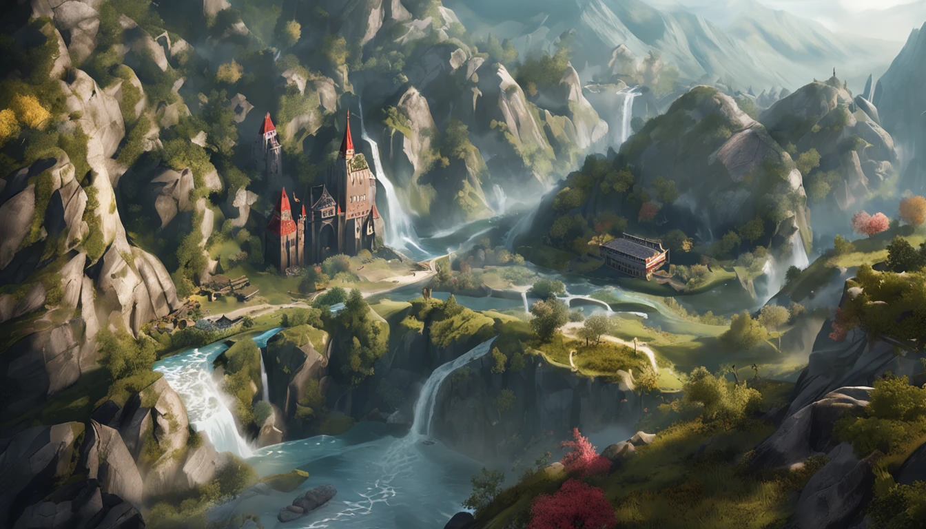 realistic, boardgame concept, concept art, diorama board game, isometric board game, Stelle dir vor, du betrittst das Spielbrett und findest dich mitten in einer zauberhaften Landschaft wieder. The mountains rise majestically, surrounded by dense forests, die von geheimnisvollen Pfaden durchzogen sind. In the distance you can hear the sound of a waterfall, which pours over rocky outcrops and feeds a clear river. When you enter the playing field, you choose your character, eine faszinierende Statue, which embodies the power and magic of this mystical world. Compete against your opponent and roll the dice with the two eight-sided dice, to wander across the grounds. Doch Vorsicht! The terrain is not always easy to overcome. The valleys require courage and skill, to cross them. The woods can make you get lost in their dense shadows, While you're trying, den richtigen Weg zu finden. The waterfalls and rivers could sweep you away in their raging currents, wenn du nicht vorsichtig bist. Dein Ziel ist es, to find the hidden treasures, die in diesem mystischen Tal verstreut sind. Sammle sie ein, um deinen Sieg zu erringen. Doch sei auf der Hut vor deinem Gegner, der dasselbe Ziel verfolgt! Immerse yourself in the beauty and challenges of "Mystic Valley" and experience a unique gaming experience, where the boundaries between game and reality are blurred. Bist du bereit, dieses aufregende Abenteuer anzunehmen?