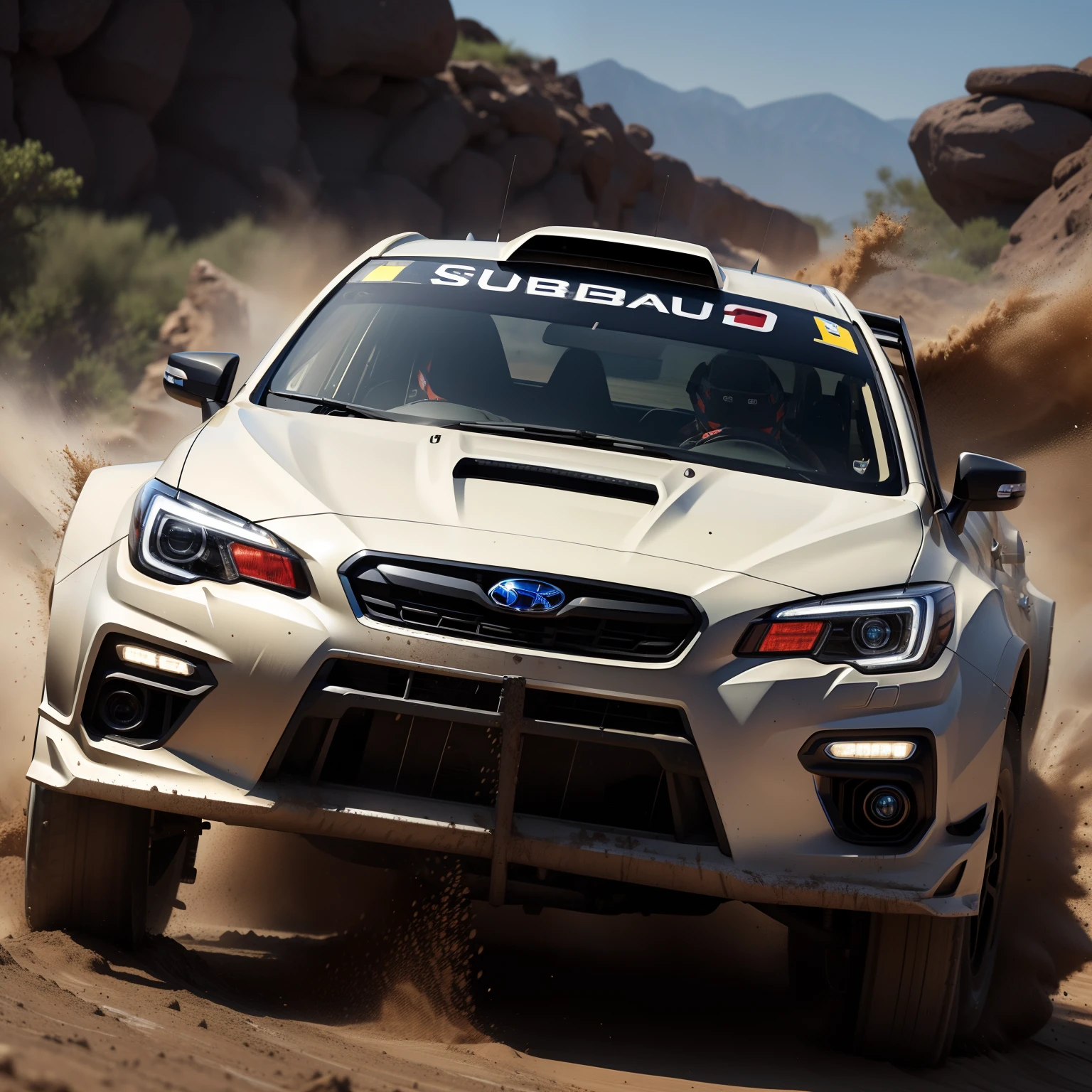 Subaru Rally configuration, Intense action, adrenalinefilled, Mud splashes, High-speed stimulation, Rally cars fly in the dirt, Powerful engine roar, Precise operation, Dynamic angles, dust cloud, Sharp, A race against time."