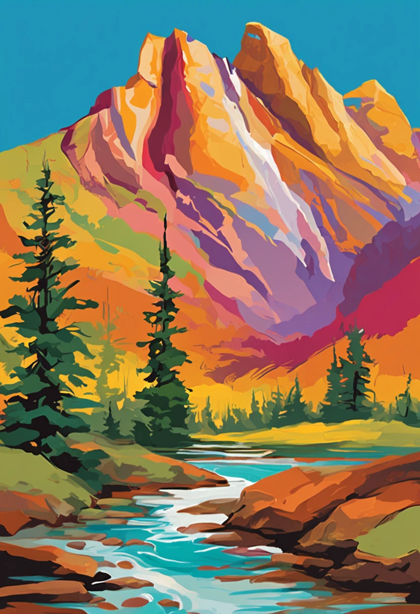 Rocky Mountains on a sunny day in vector art, strong detailed colors , super realistic 4k