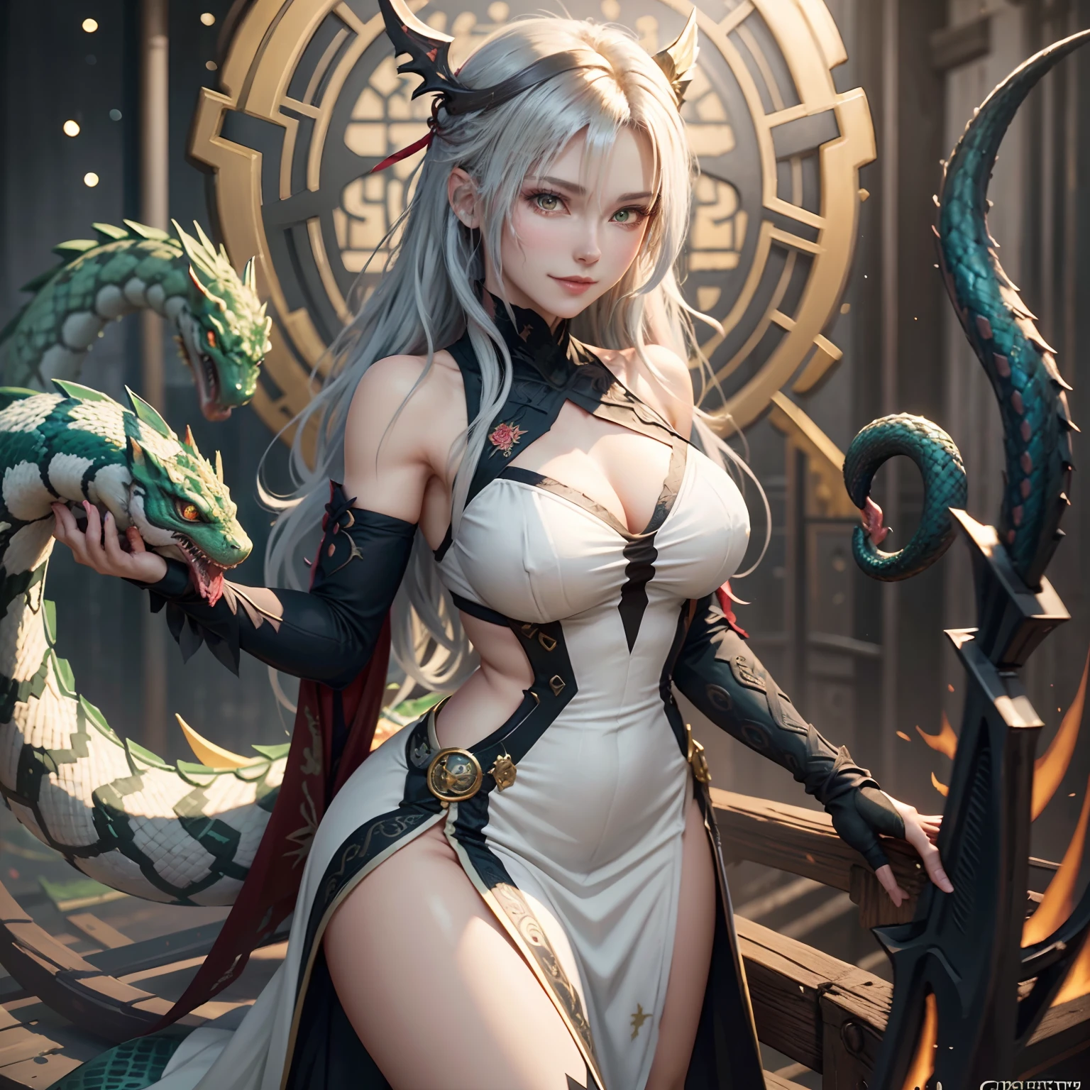 A banshee with a human upper body and an emerald green snake tail on the lower body, Scarlet pupils, Long silver-white hair, A defiant smile, White antique long dress, The tail of the snake is wrapped around a golden dragon head halberd, The halberd is stuck in the boulder, The halberd is surrounded by golden light and multicolored light, On the peaks, night, The sky is full of stars, UHD, masterpiece, ccurate, anatomically correct, textured skin, super detail, high details, high quality, best quality, highres, 1080P, HD, 8k