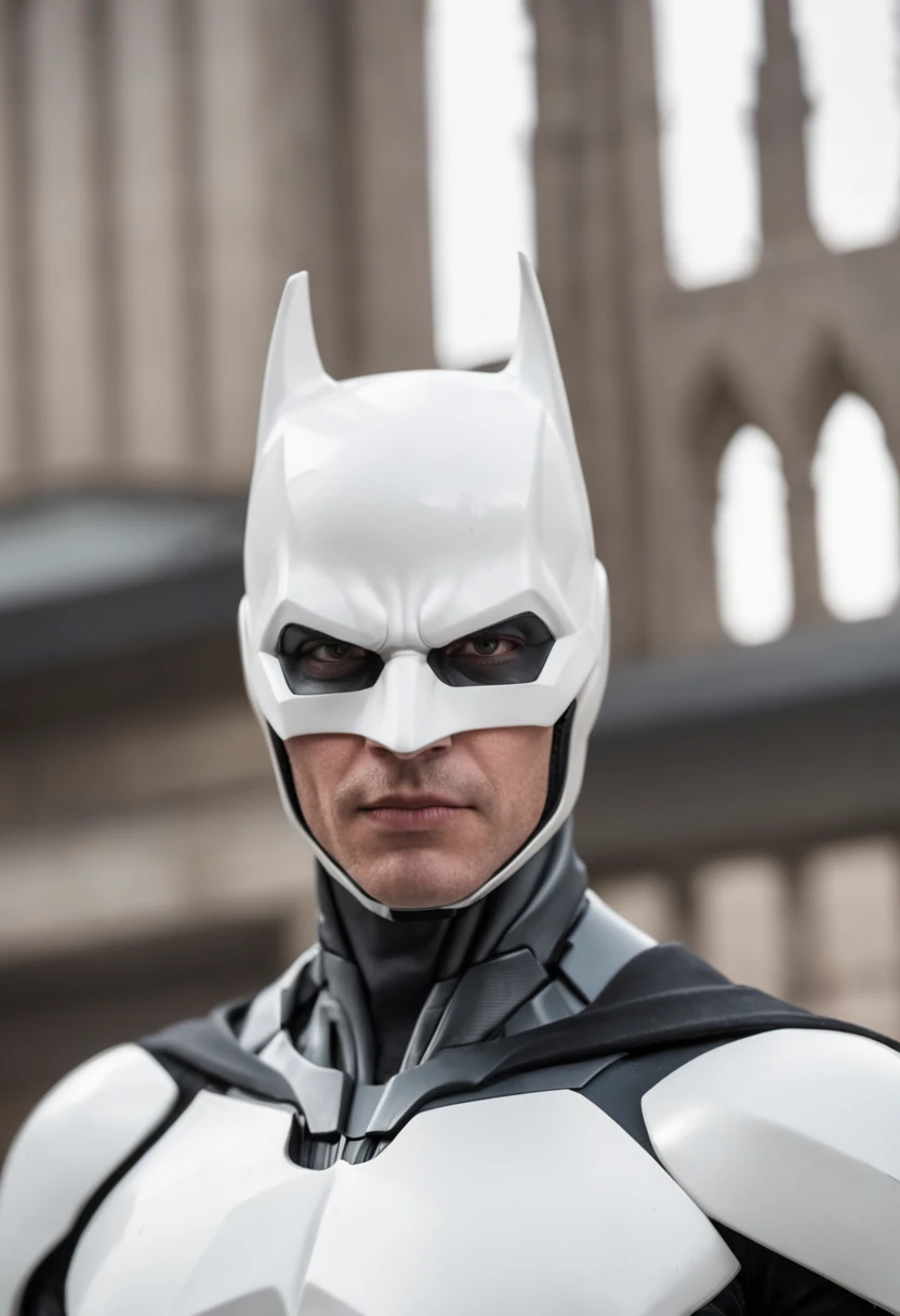 Portrait The Batman in futuristic white mechanical uniform in the city, qualidade em 8k
