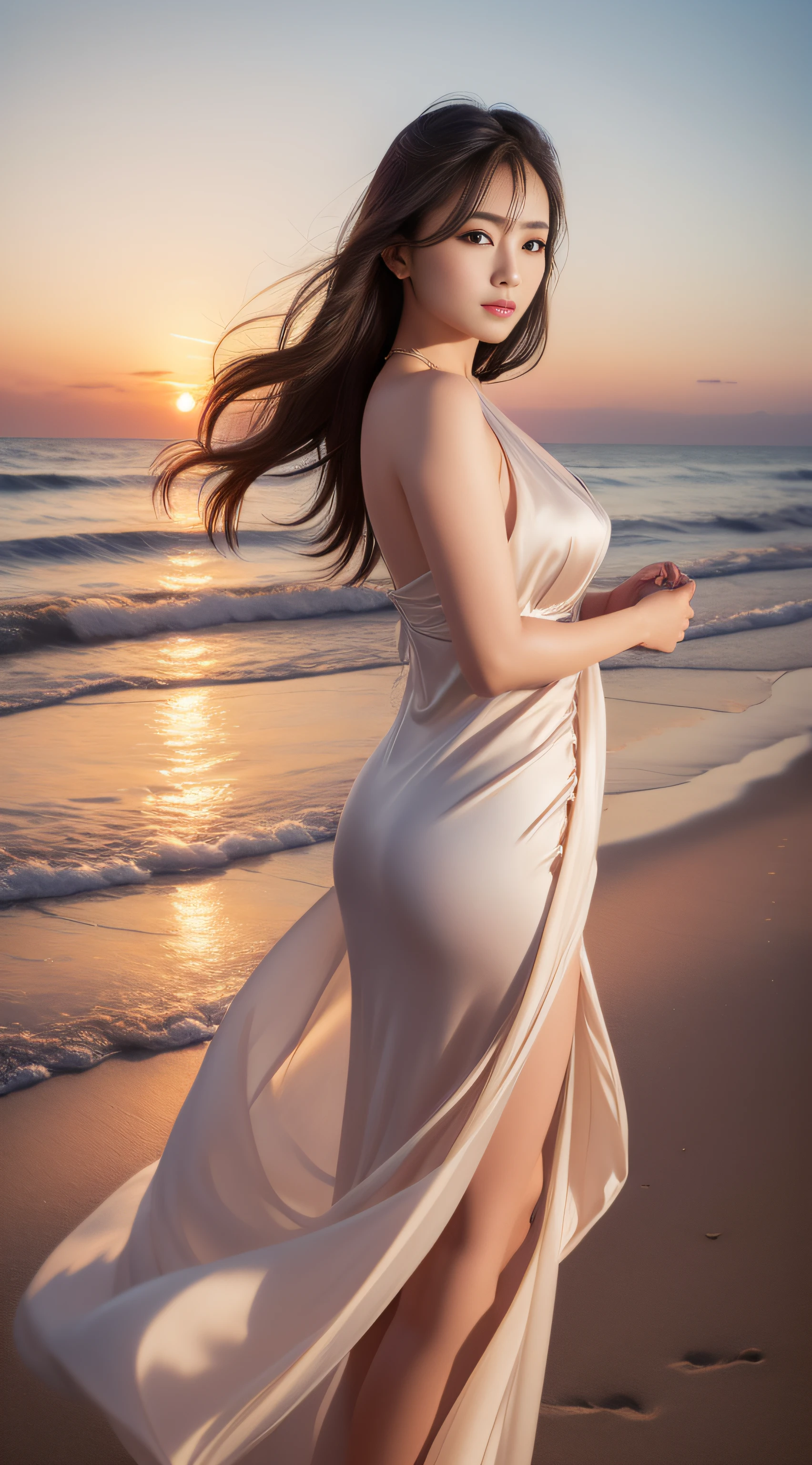 Beautiful Japan Woman、Glamour silky curvaceous woman in silk dress on the beach at sunset, exquisite clothing detail, High-definition format,hyper realistic photography, Highly detailed, detailed hairs, Detailed skin, Detailed eyes, Tile expressive,