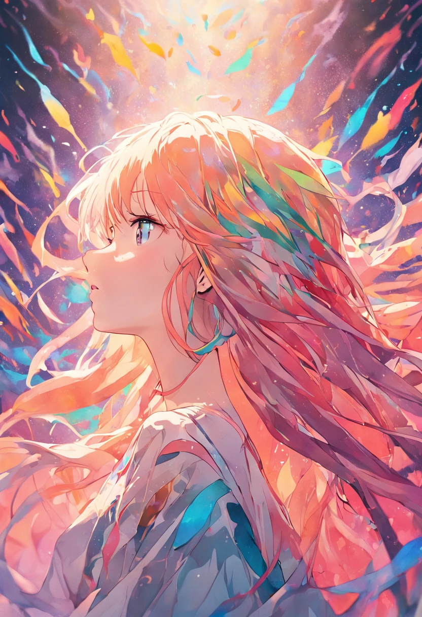 (Beauty side face,Long colored hair,closing her eyes,Masterpiece Narcissus),with rainbow colored background, (illustration:1.2,paper art:1.2, zentangle, a 3D render),(Best quality, high detal, Masterpiece, Cinematic lighting, 4K, Chiaroscuro)