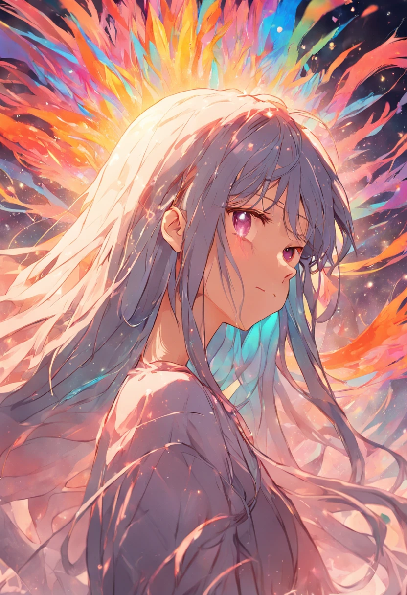 (Beauty side face,Long colored hair,closing her eyes,Masterpiece Narcissus),with rainbow colored background, (illustration:1.2,paper art:1.2, zentangle, a 3D render),(Best quality, high detal, Masterpiece, Cinematic lighting, 4K, Chiaroscuro)