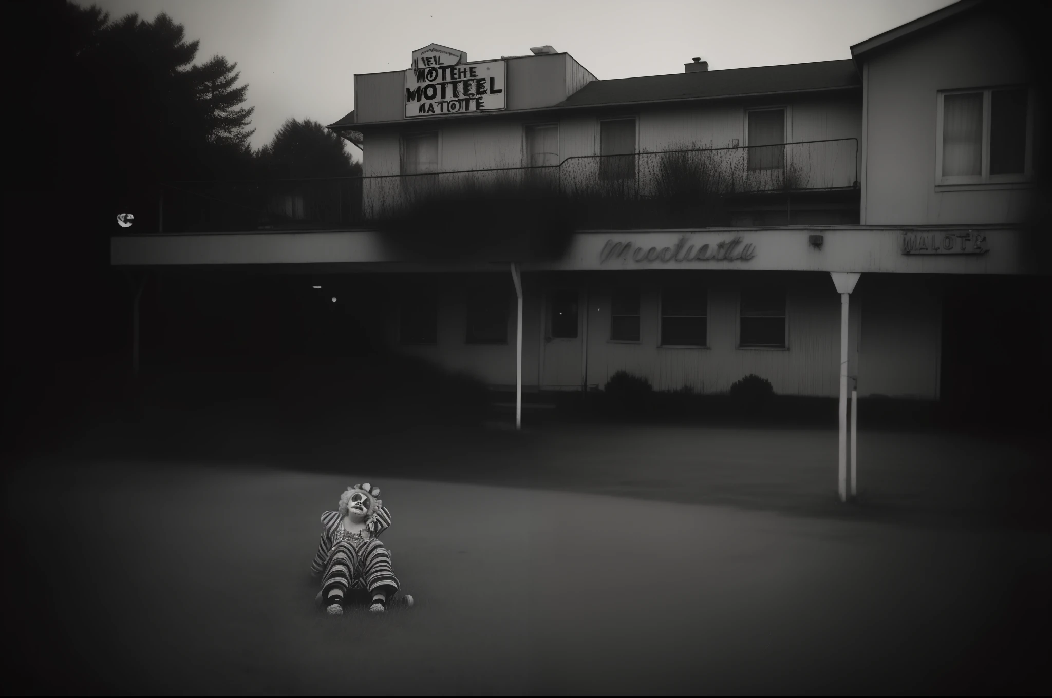 Nostalgic but unsettling photos、Images in a dream、uneasy、deep in the night、motel、Motel area、clown、Particle、Grainy photo、Film Touch、horor、wide angles、wide-angle lens、