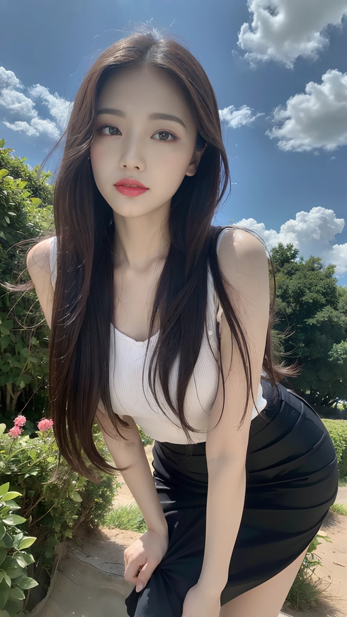 ((best qualtiy, 8K, tmasterpiece:1.3)), A pretty maiden,Pure,Melon seed face,gentle and cute,Thin stature,Face to the right,The head is tilted to the right,Close the lips,Leaning forward,Compassionate ,The skirt is black and silky,with long hair in takes,round black big eyes,Clear big eyes,Hydrated red lips,Sweet,sitted,with blue sky and white clouds,Flower bush background,
