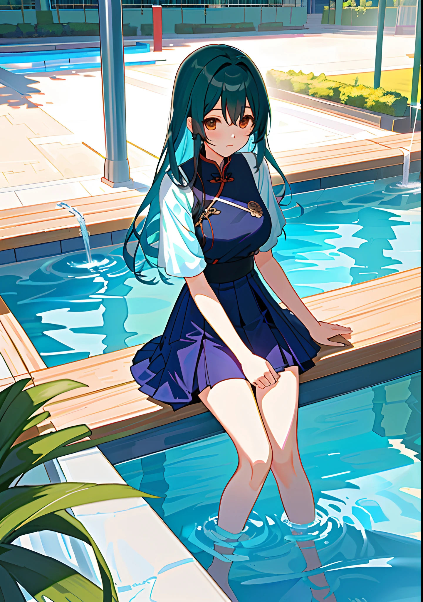 Anime  girl sitting on bench in pool with fountain，Guwitz art，Works by Yumei，Pool party，The founding of Shi Tao，Guvitz's style，Pisif 3DCG，luxurious pool，hq artwork，At the Pisif Art Station。