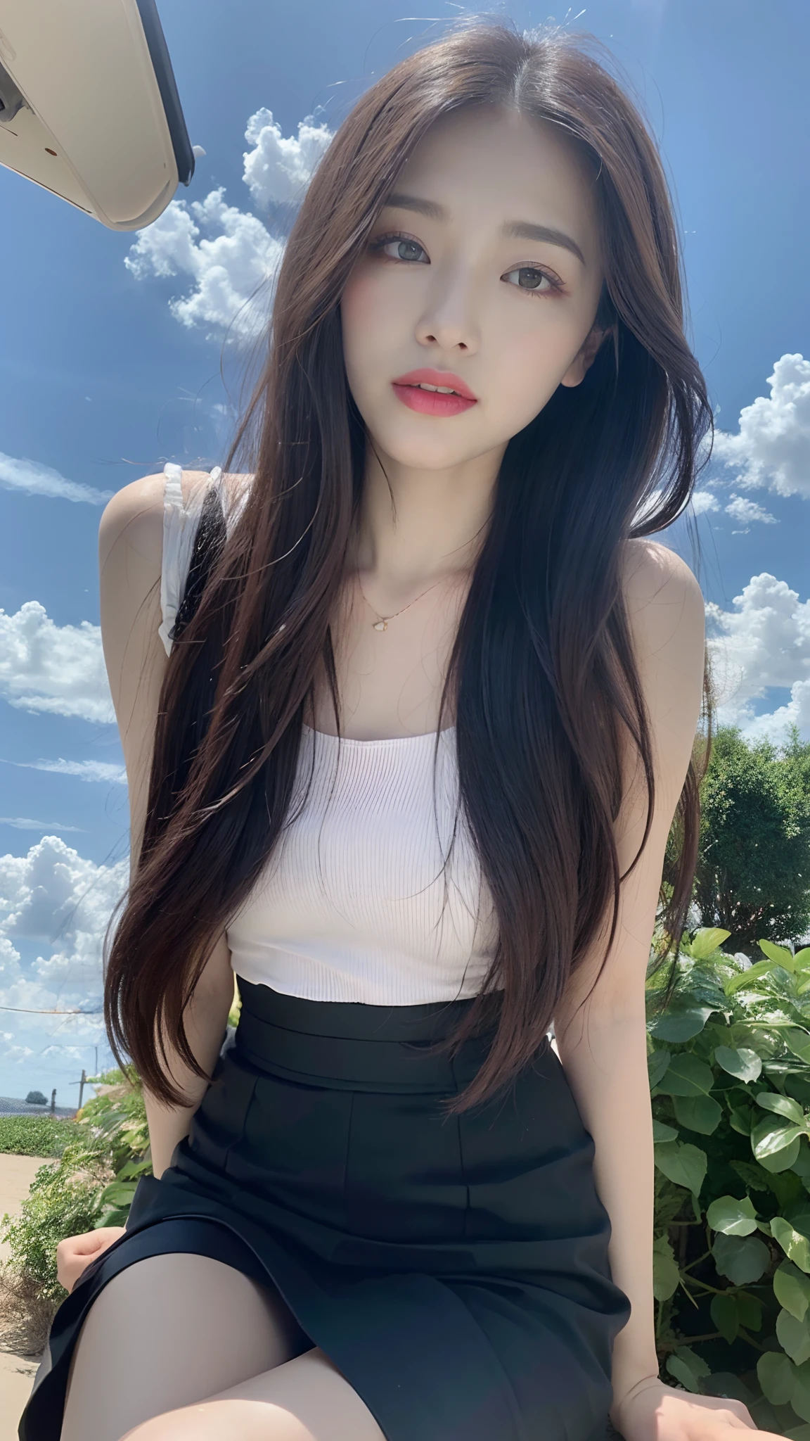 ((best qualtiy, 8K, tmasterpiece:1.3)), A pretty maiden，Pure，Melon seed face，gentle and cute，Thin stature，Face to the right，The head is tilted to the right，Close the lips，Leaning forward，Compassionate ，The skirt is black and silky，with long hair in takes，round black big eyes，Clear big eyes，Hydrated red lips，Sweet，sitted，with blue sky and white clouds，Flower bush background，