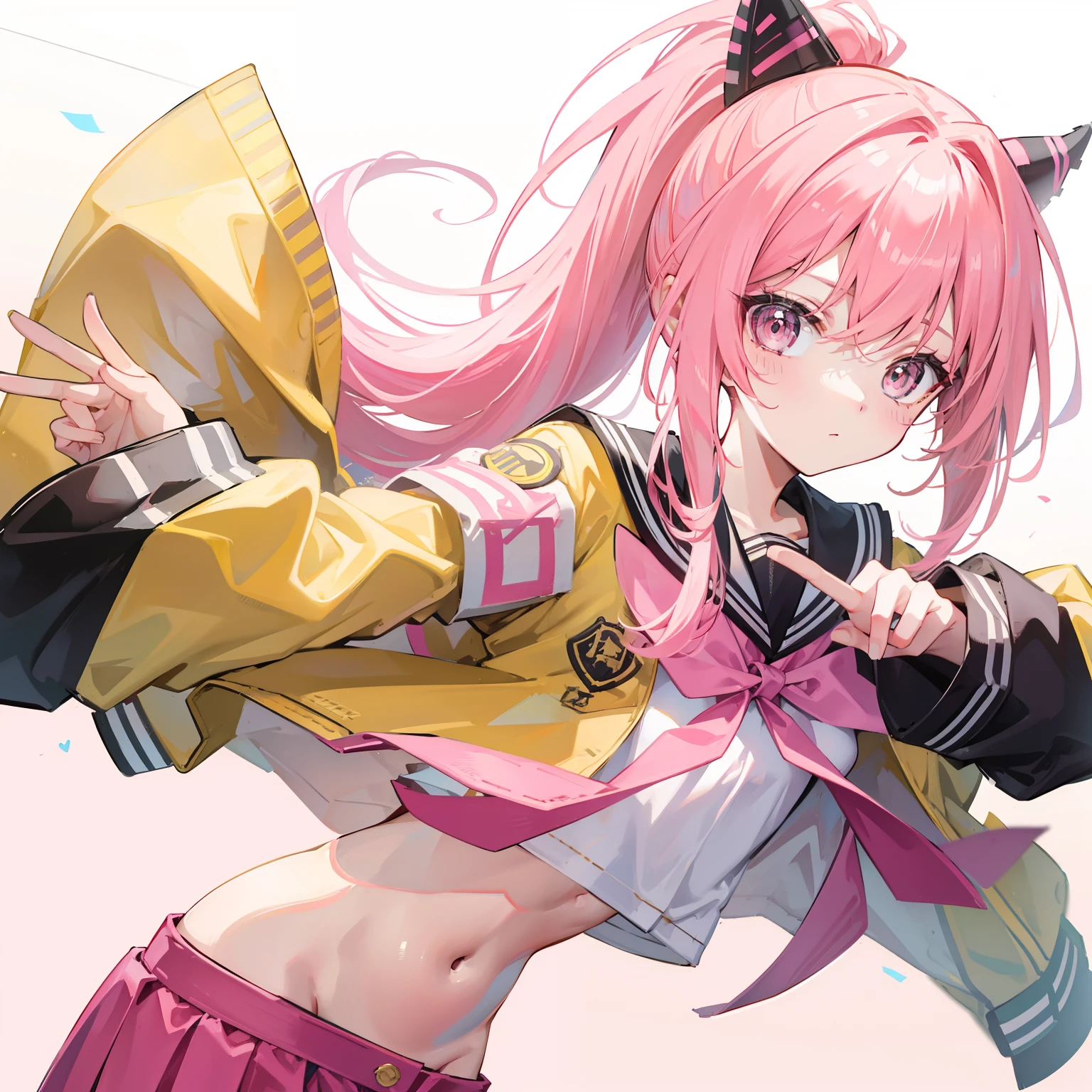 Pink yellow hair,High ponytail,Jacket school uniform,Slim waist, Flat chest,Sweet and cute girl
