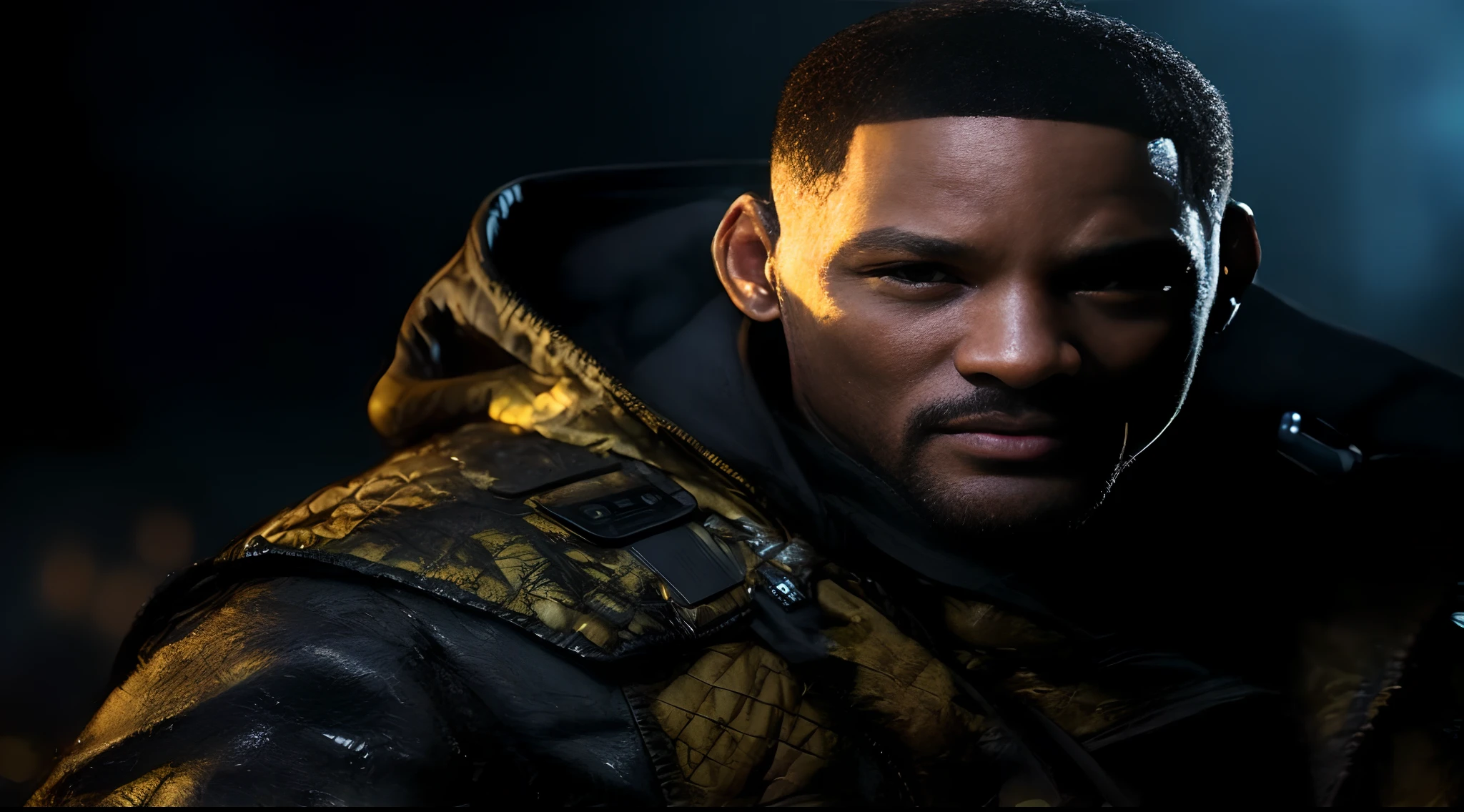 a man in a black jacket and a hoodie looks at the camera, will smith, will smith portrait, will smith as neo in the matrix, altered carbon series, smug look, fanart, live action movie, 8 k movie still, live action film, official art, altered carbon, 🕹️ 😎 🔫 🤖 🚬, official, 2022 movie