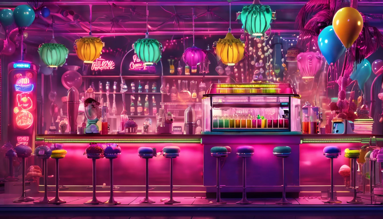 AbsinthePunkStyle, GelatoStyle, wallpaper, desktop background, wallpaper engine, concept, 3D render, high quality, woman in steampunkdress with cupcakes and cocktails at a bar, ice slush machine, coffee machine, cakes, lollipops, green shiny lights