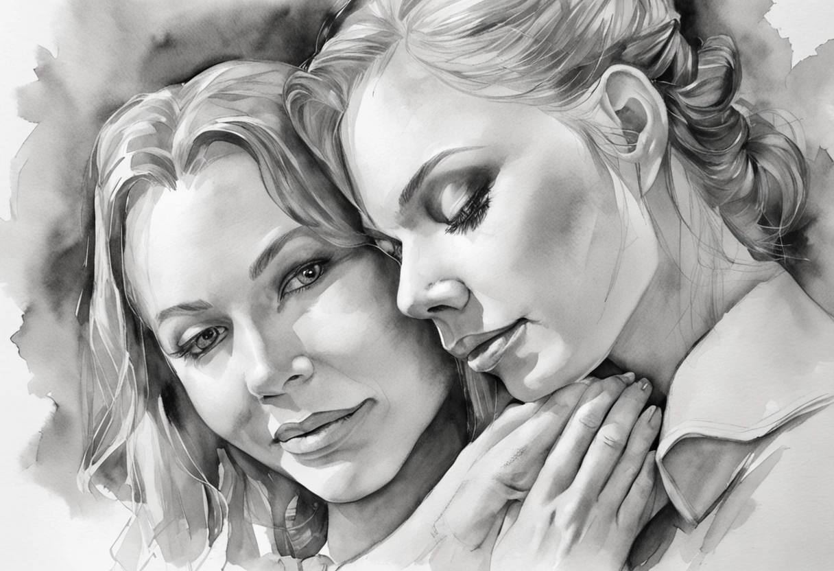 Close-up of the two vampire sisters, their sharp fangs barely visible as they share a passionate embrace. Shot in black and white using a Leica M10 Monochrom camera, with a Summilux-M 35mm f/1.4 ASPH lens, the image should evoke a sense of timeless romance and forbidden love. The lighting should be soft and diffused, casting subtle shadows on their pale skin. The composition should focus on their intense gaze and entwined hands, capturing the intensity of their bond. Hyper-realism, highly detailed, and high-resolution 16k