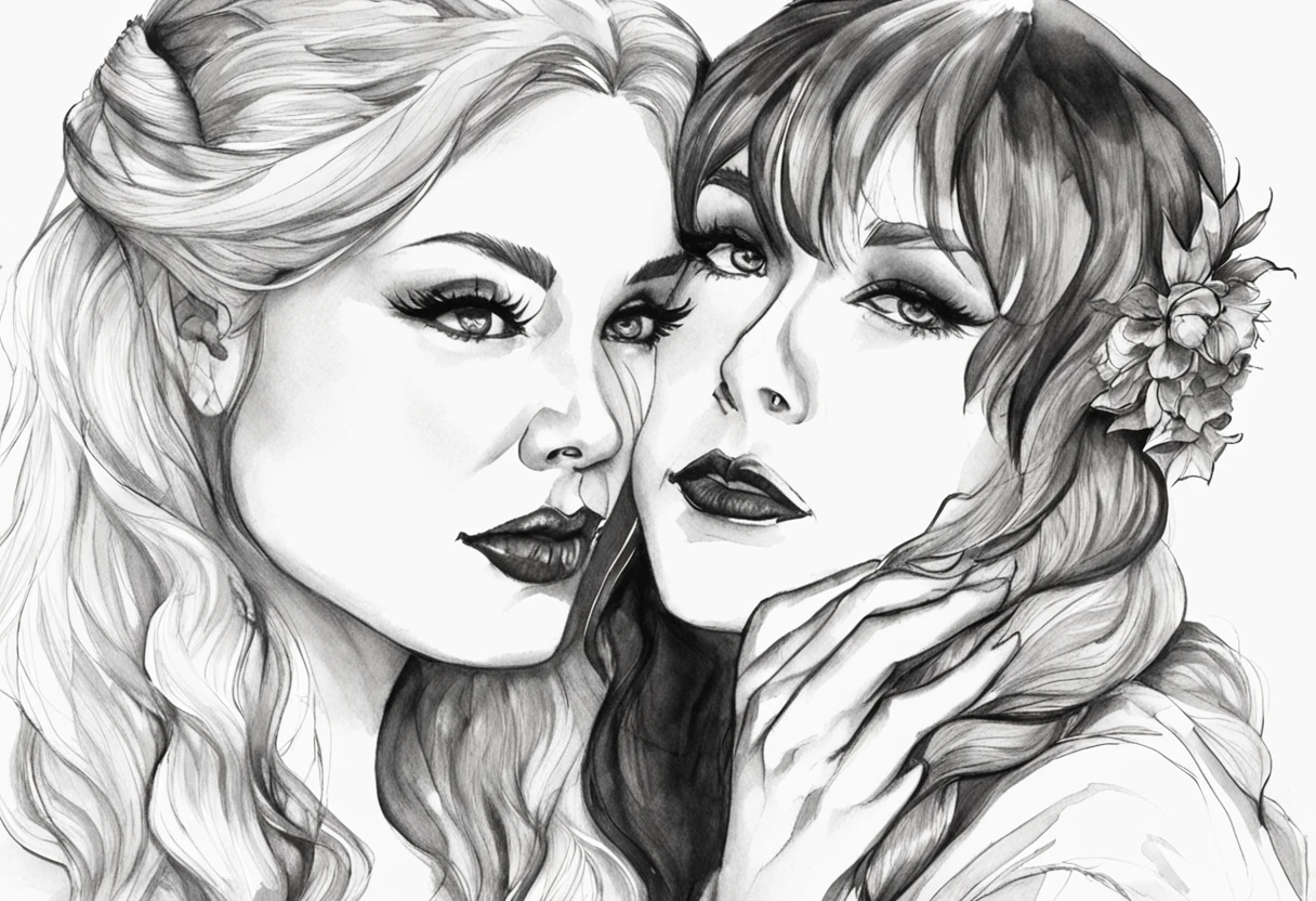 Close-up of the two vampire sisters, their sharp fangs barely visible as they share a passionate embrace. Shot in black and white using a Leica M10 Monochrom camera, with a Summilux-M 35mm f/1.4 ASPH lens, the image should evoke a sense of timeless romance and forbidden love. The lighting should be soft and diffused, casting subtle shadows on their pale skin. The composition should focus on their intense gaze and entwined hands, capturing the intensity of their bond. Hyper-realism, highly detailed, and high-resolution 16k