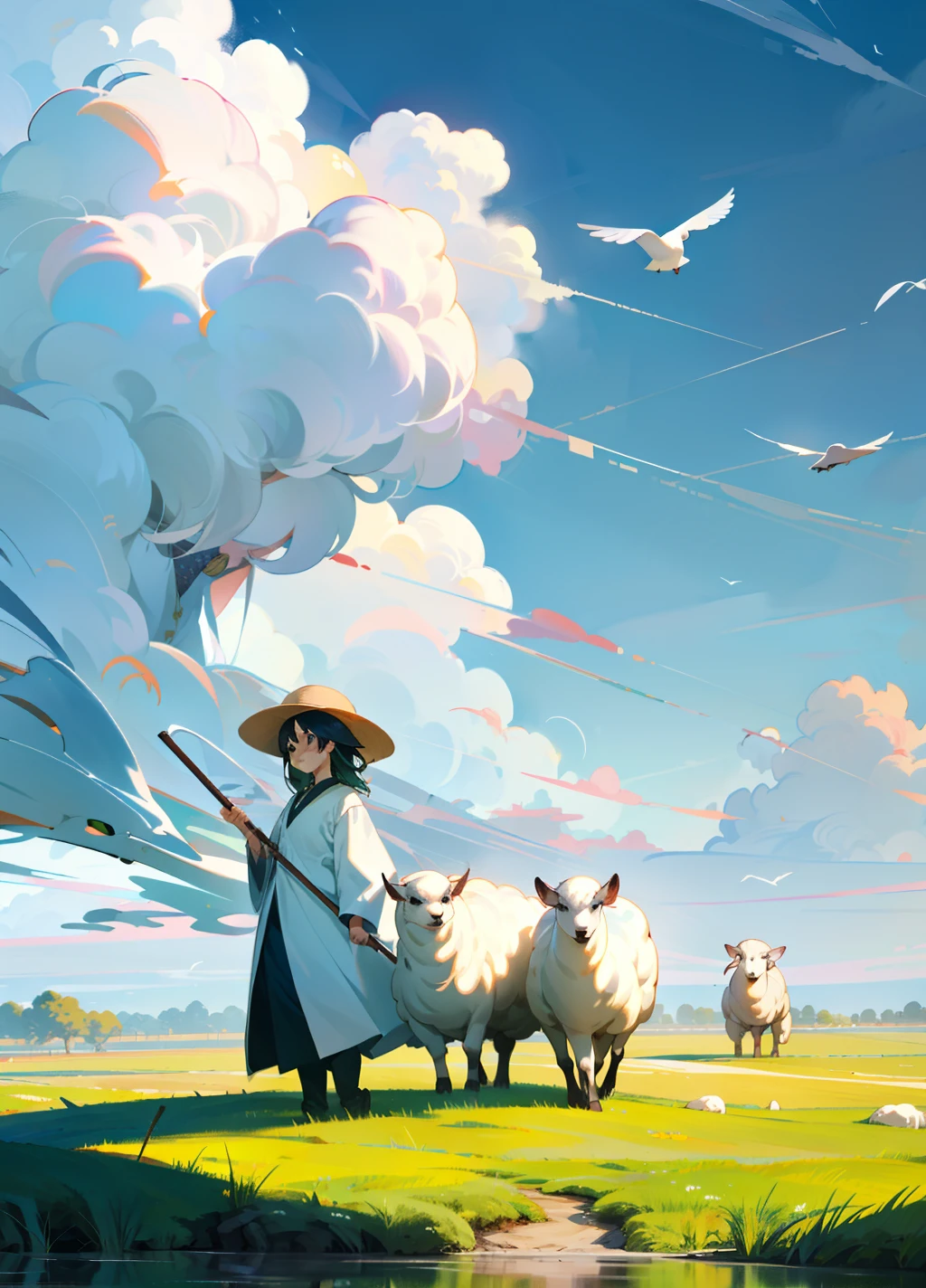 Illustration of a girl herding sheep, Green grass, Blue sky and white clouds, bird's eyes view, High purity shades, 超高分辨率, in style of hayao miyazaki