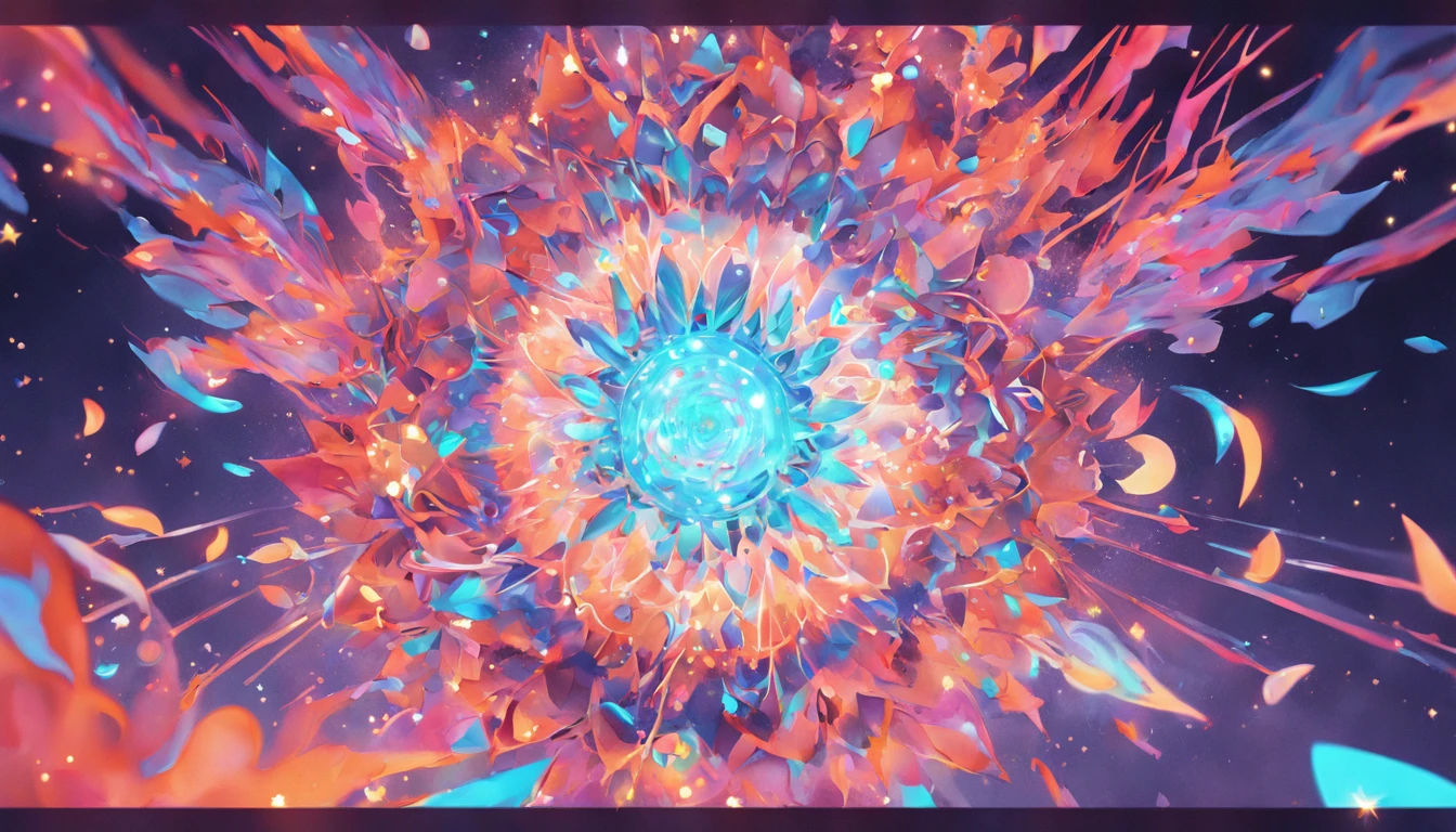 an abstract wallpaper with mandala shapes, bioluminescent 3D elements, glowing bubbles, lightbeams, leafimprints, glitter, curves saturated lines, watercolor splashes, contured shapes, glass splinters, gemstone fragments, luminescent colors, gear shapes, floating holofoil particles, meshed media, animation, animated, animated gif, gif, moving gif, moving, motion