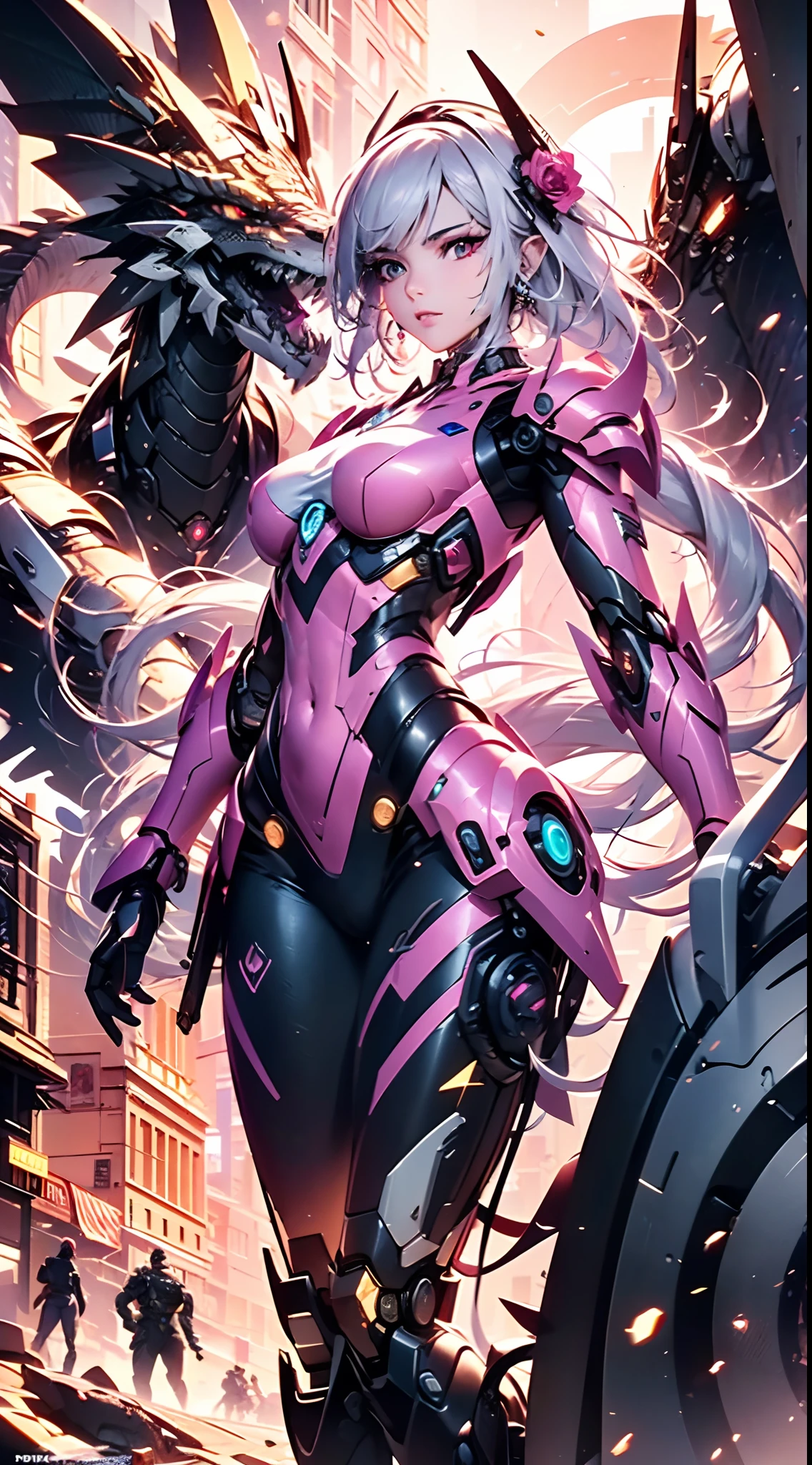 (1girll),Mecha,There is a mechanical dragon behind it,Masterpiece, Best quality, 8K, Crazy details, Intricate details, super detailing, Super quality, High details, super detailing, Mechanical prosthesis, mech coverage, (Multicolored armor:1.5), dynamicposes, Rose-red eyes, Beautiful detail Cyberpunk City, HD, Lifelike, Cinematic quality, Octane rendering, C4D render, whirlpool, Machinery,