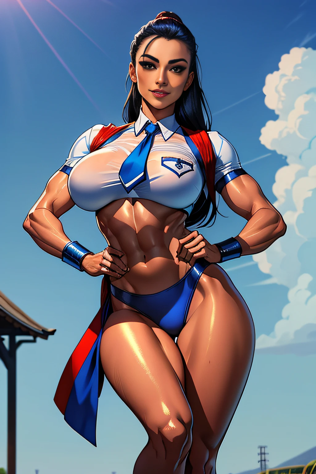 1. Alafe Street Fighter、Metallic Sky Blue and Metallic Red Martial Arts Uniforms、Big breasts about to burst、Shirt with metallic white breast pockets、neck tie、thin and long legs,、Pose ready to fight、Fitness Model、musculature、abdominals、Height 175cm、skin tanned、glistning skin、Cool smile、full-body view、